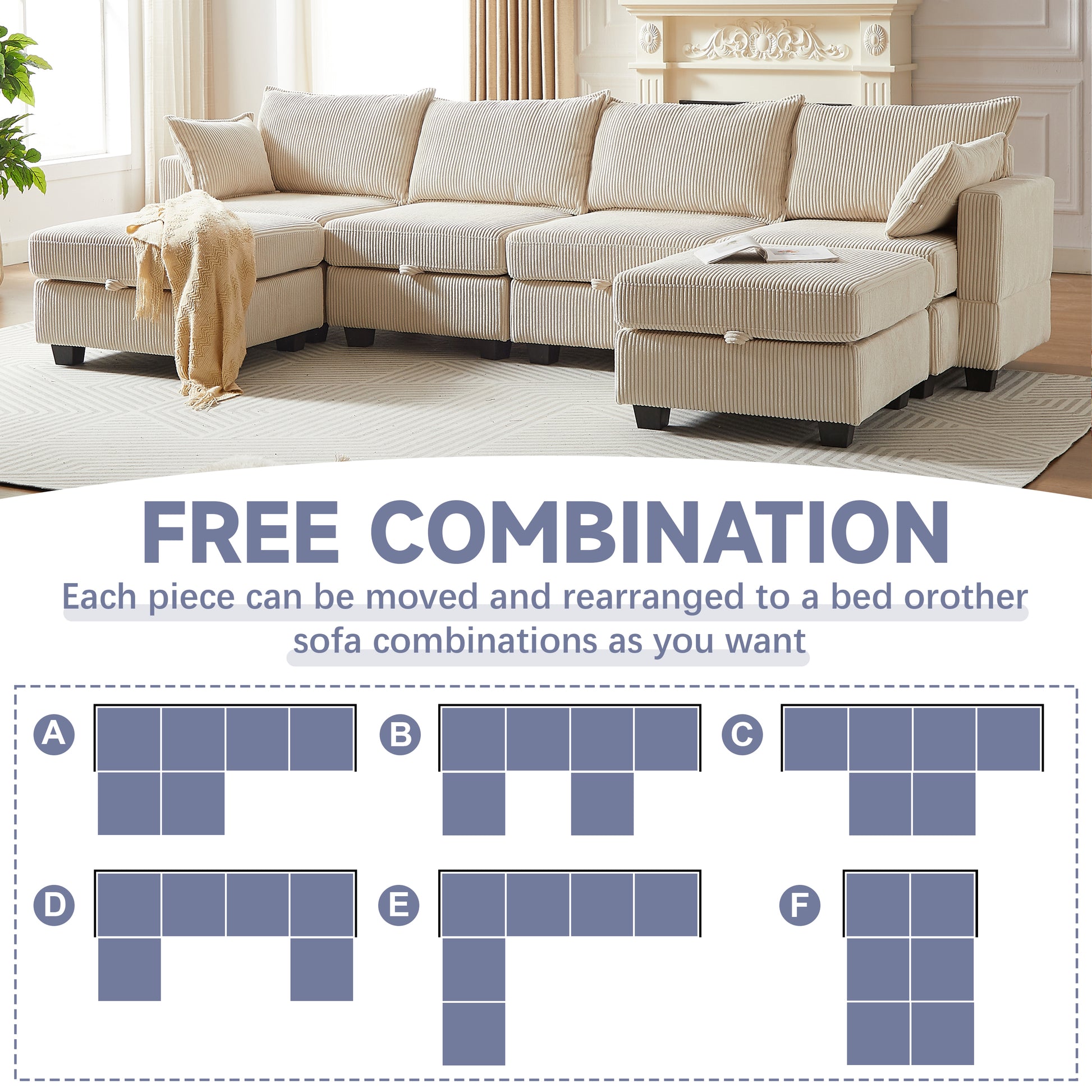 113.5'' Modular Sectiona Corduroy Sofa, Sectional Couches For Living Room U Shaped Sectional Couch With Storage Ottoman, 6 Seats Convertible Sectionals With Chaise Beige Corduroy 3 Seat
