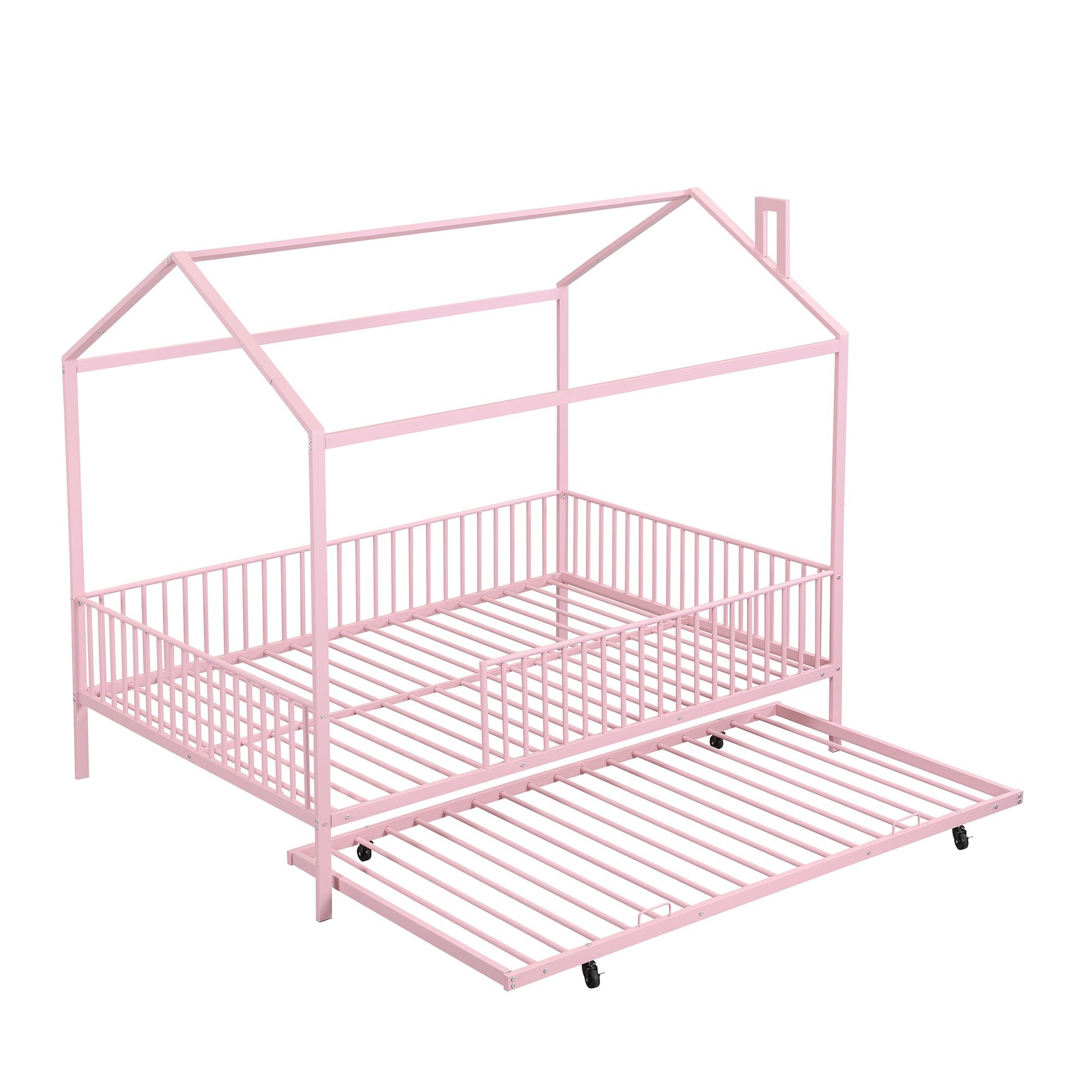 Full Size Metal House Bed With Fence, With Trundle, Pink Full Pink Metal