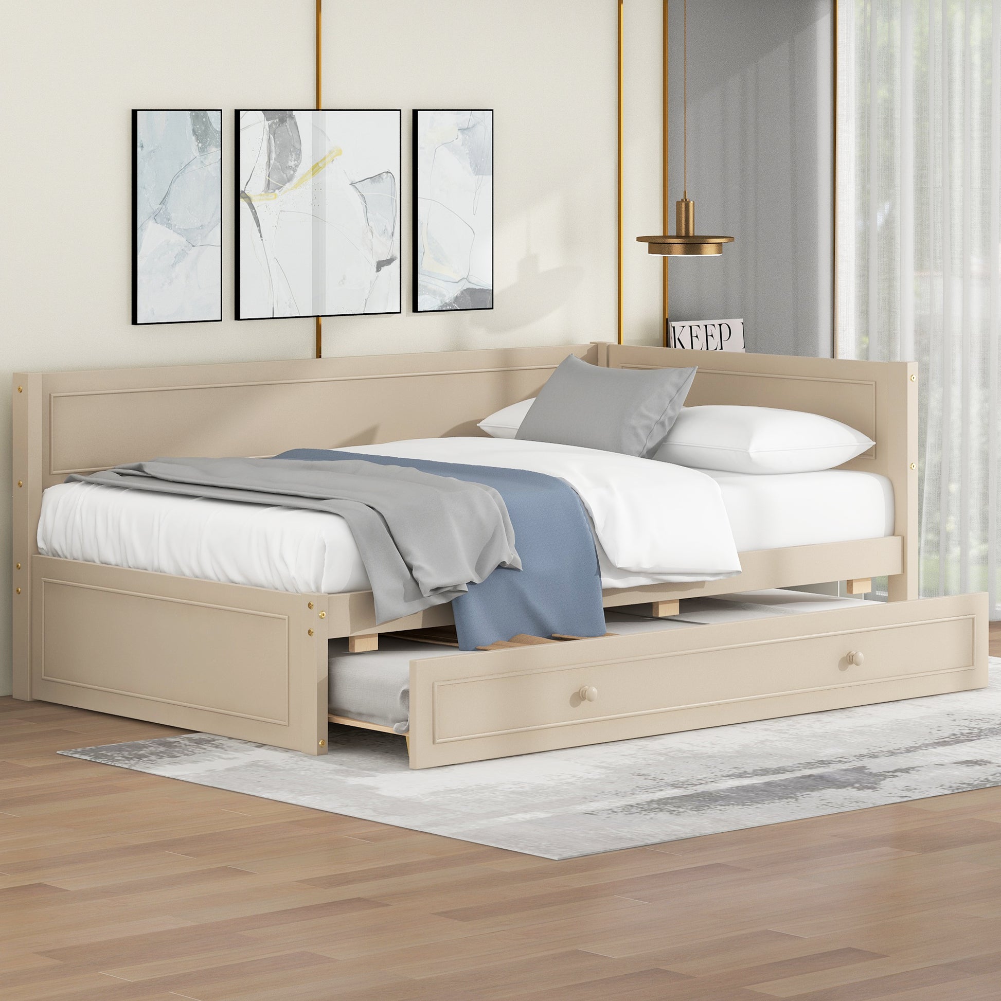 Twin Size Wood Daybed With Trundle And Guardrail, Beige Box Spring Not Required Beige Wood Solid Wood Mdf