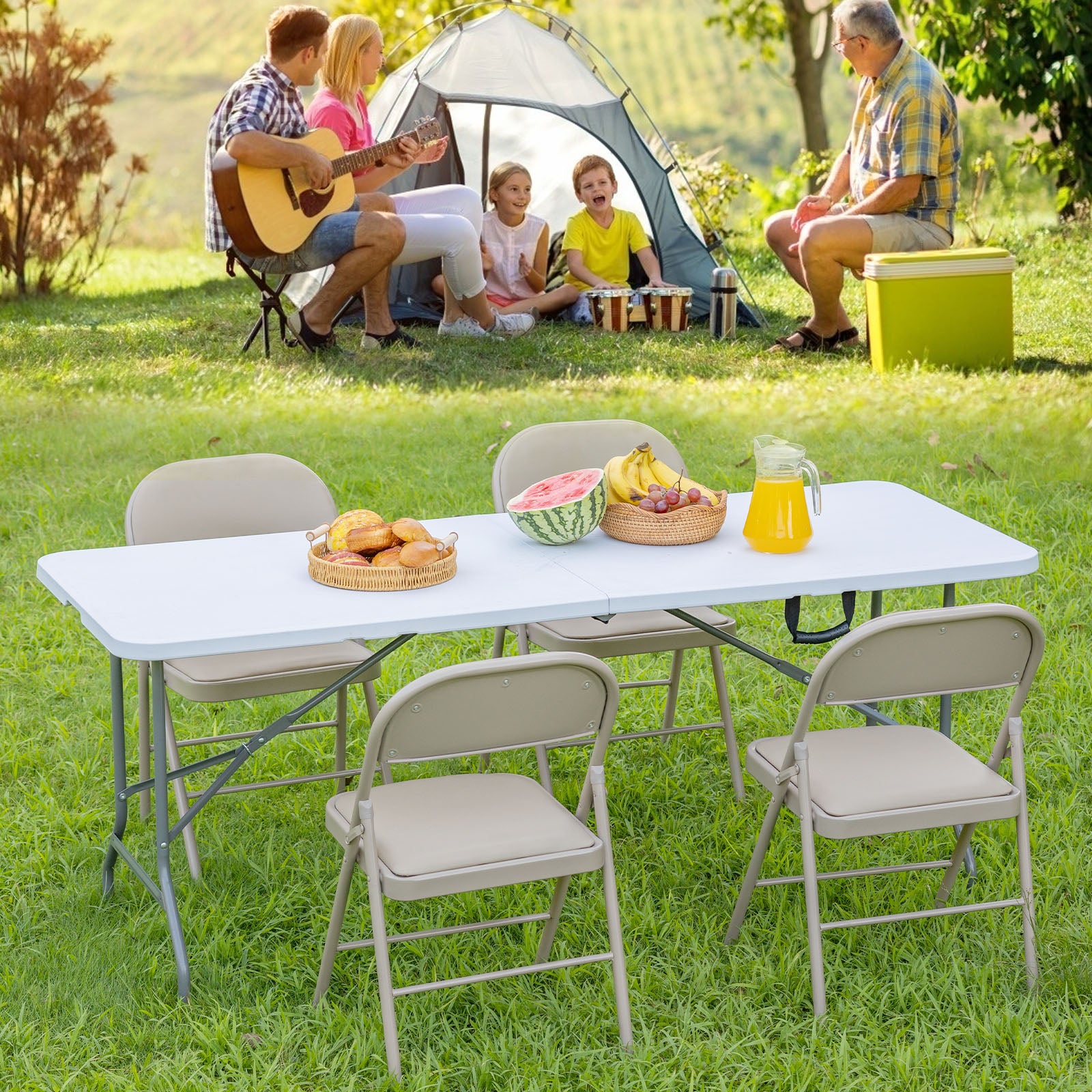 6Ft Folding Table Outdoor Indoor Heavy Duty Portable Table With Carrying Handle For Camping Picnic Party White Metal & Wood