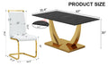 Table And Chair Set.Modern Rectangular Dining Table With Black Textured Stickers Glass Tabletop And Gold Plated Metal Legs.Paried With 4 Comfortable Chairs With Pu Seats And Golden Metal Legs. White Gold Seats 4 Glass Metal