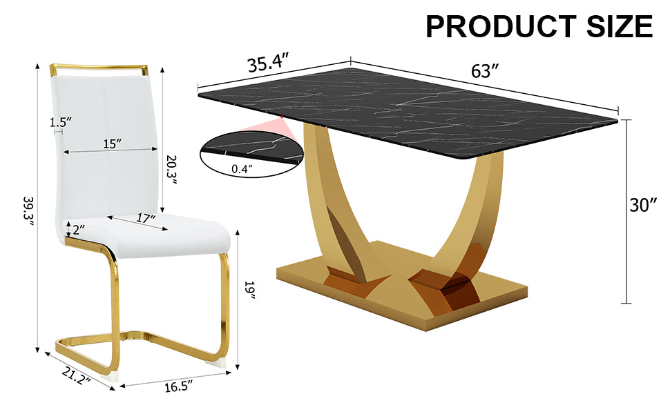 Table And Chair Set.Modern Rectangular Dining Table With Black Textured Stickers Glass Tabletop And Gold Plated Metal Legs.Paried With 4 Comfortable Chairs With Pu Seats And Golden Metal Legs. White Gold Seats 4 Glass Metal