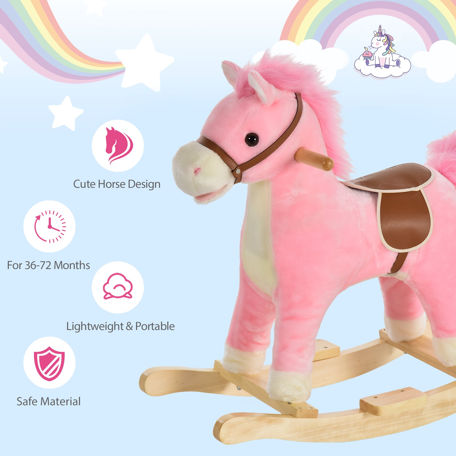 Qaba Rocking Horse Plush Animal On Wooden Rockers, Baby Rocking Chair With Sounds, Moving Mouth, Wagging Tail, Pink Pink Plush