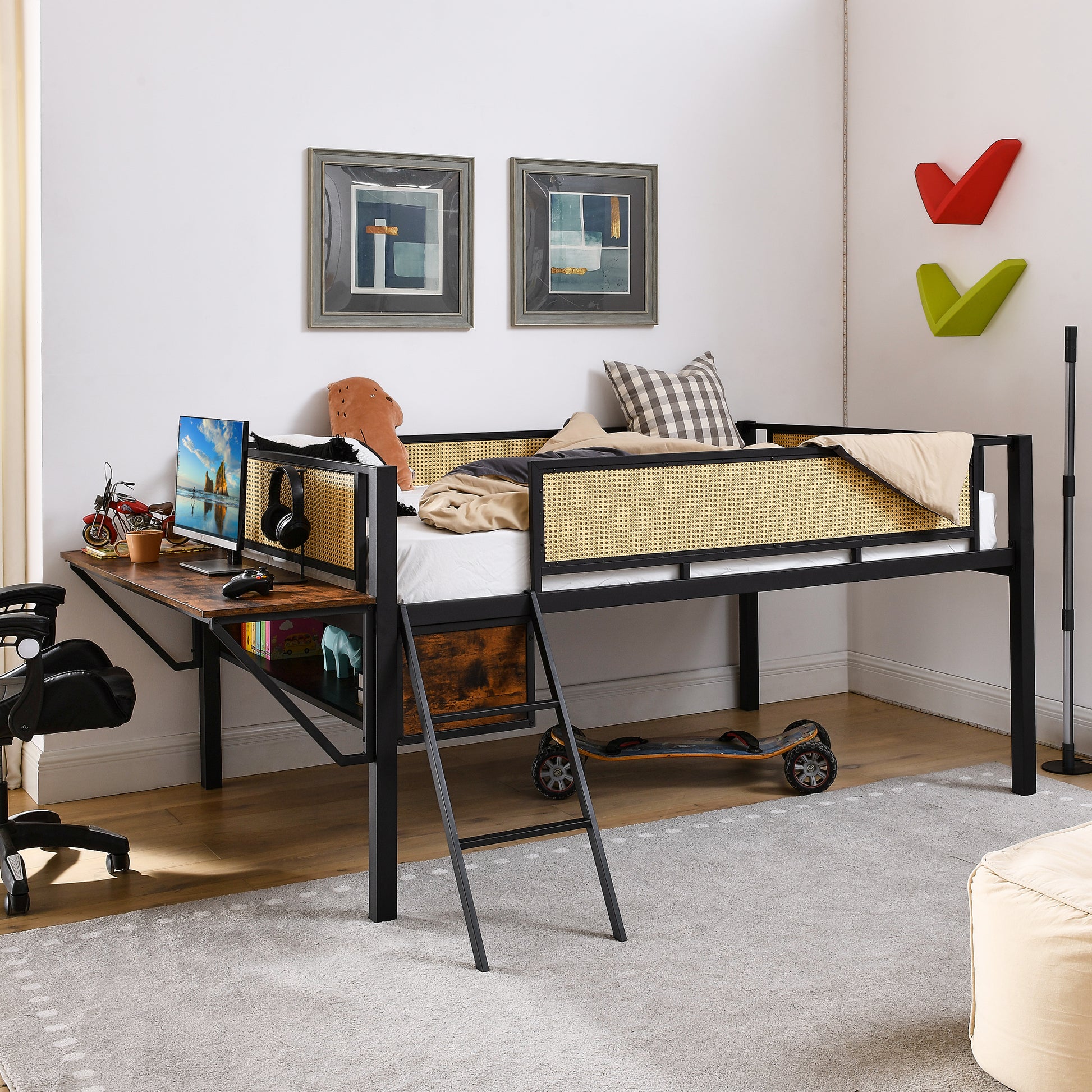 Single Metal Loft Bed With Rectangular Desk, Led Lights, Led Loft Bed Frame Double Bed With Storage Shelves And Hanging Storage Compartments, Safety Guard And Ladder, No Box Springs Required, Rattan G Full Black Brown Mdf Iron
