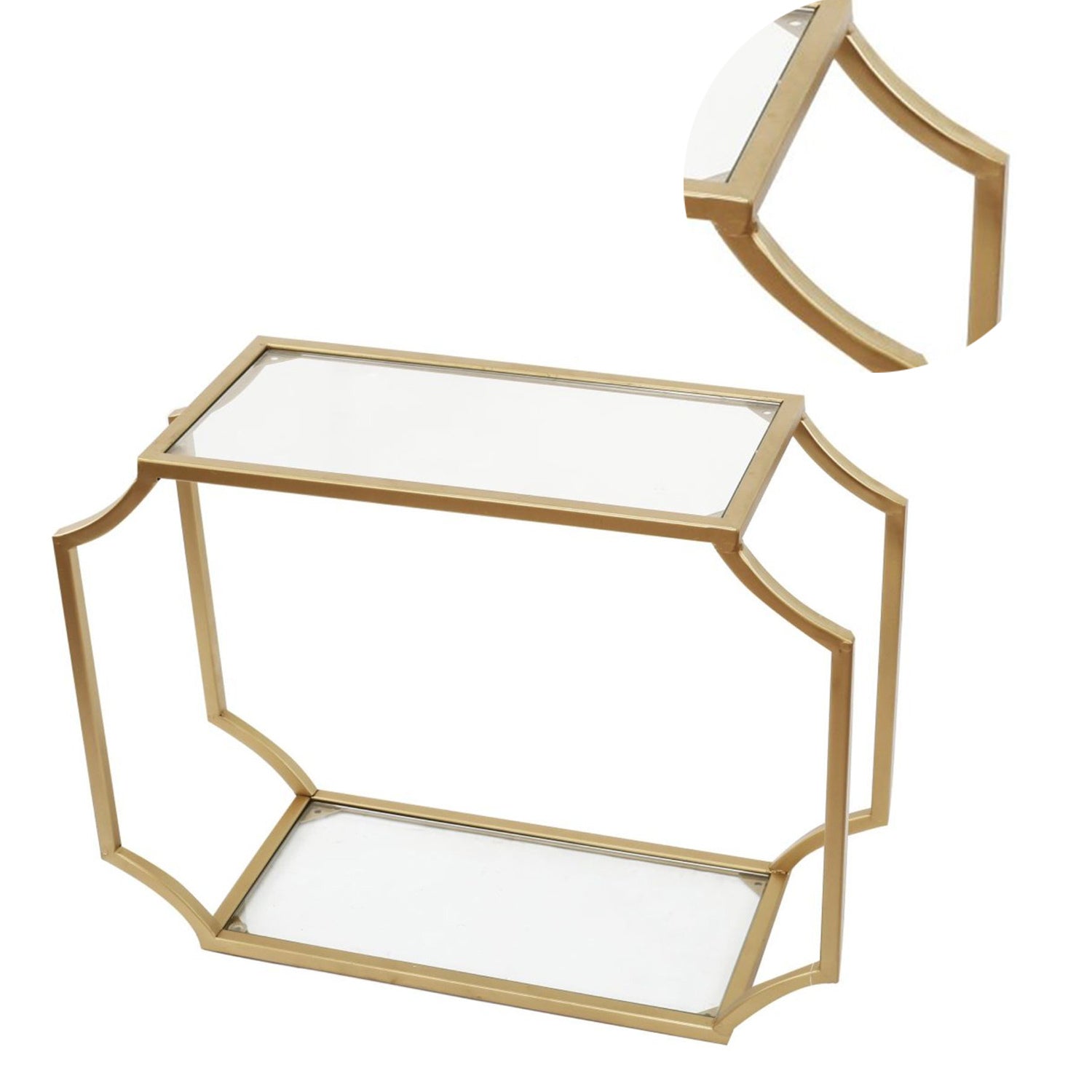 Metal Wall Shelf With Two Glass Shelves And Smooth Chamfered Corners, Gold And Clear Gold Iron