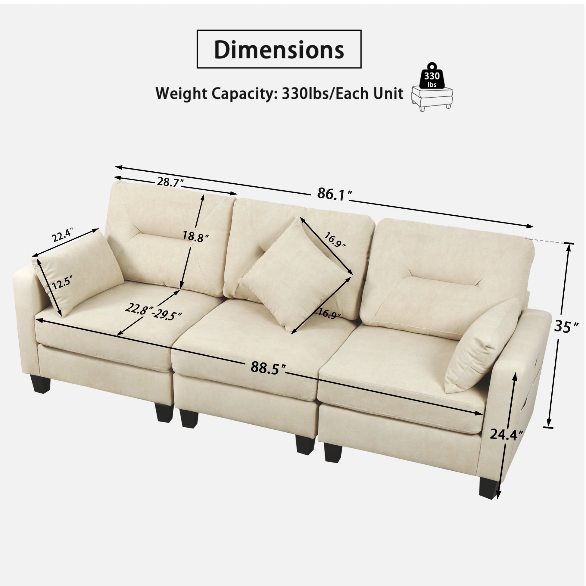 Oversized 86.1'' L Shaped Modular Sectional Couches With Usb Ports, Lumbar Pillows Beige Velvet Wood Primary Living Space Medium Soft Cushion Back Extra Heavy Duty Foam Foam Spring 5 Seat