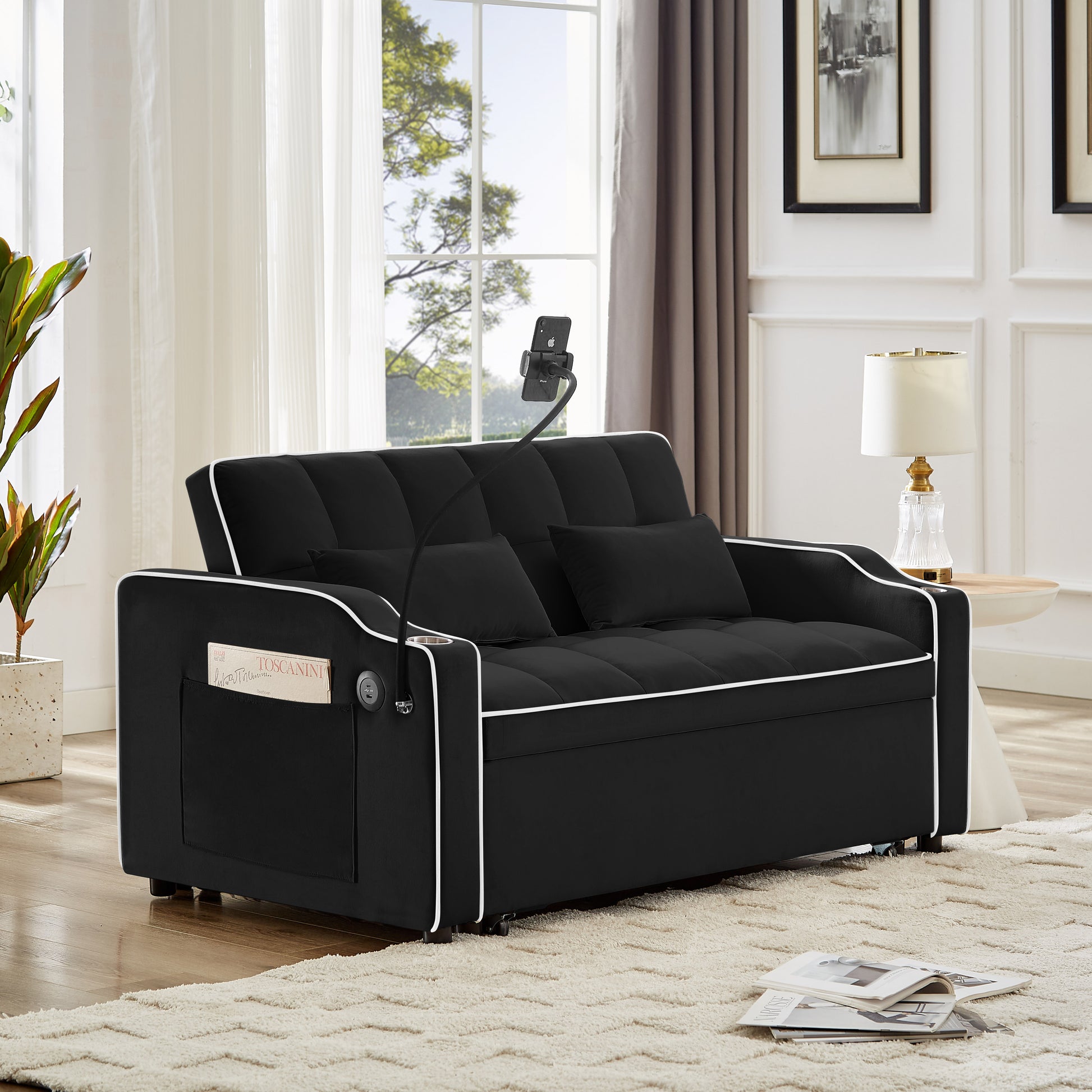 1 Versatile Foldable Sofa Bed In 3 Lengths, Modern Sofa Sofa Sofa Velvet Pull Out Bed, Adjustable Back And With Usb Port And Ashtray And Swivel Phone Stand Black Black Eucalyptus Solid Wood Mdf Resin 2 Seat