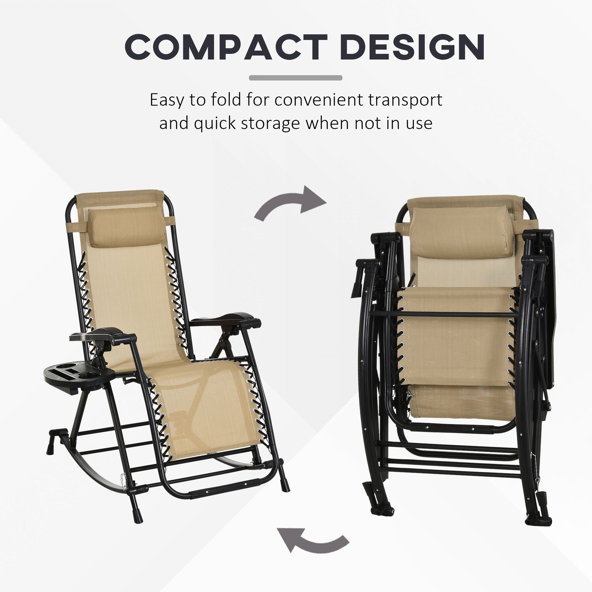 Outsunny 2 Pieces Outdoor Rocking Chairs, Foldable Reclining Zero Gravity Lounge Rocker With Pillow, Cup & Phone Holder, Combo Design With Folding Legs, Beige Beige Steel