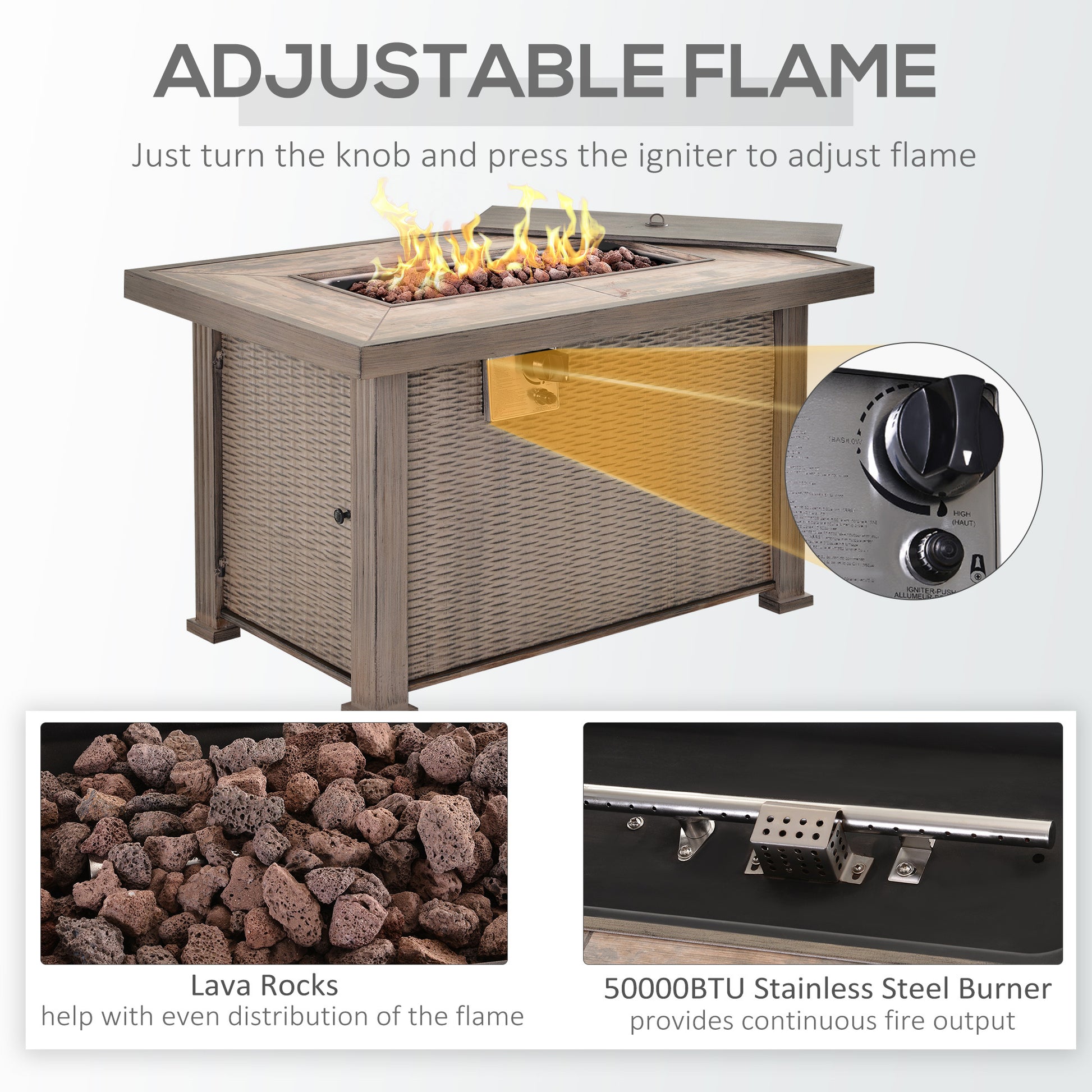 Outsunny 42" Propane Fire Pit Table, 50,000 Btu Wicker Effect Auto Ignition Gas Fireplace Fire Pits With Ceramic Tabletop, Steel Base, Lid, Lava Rocks And Cover, Csa Certification, Grey Gray Steel