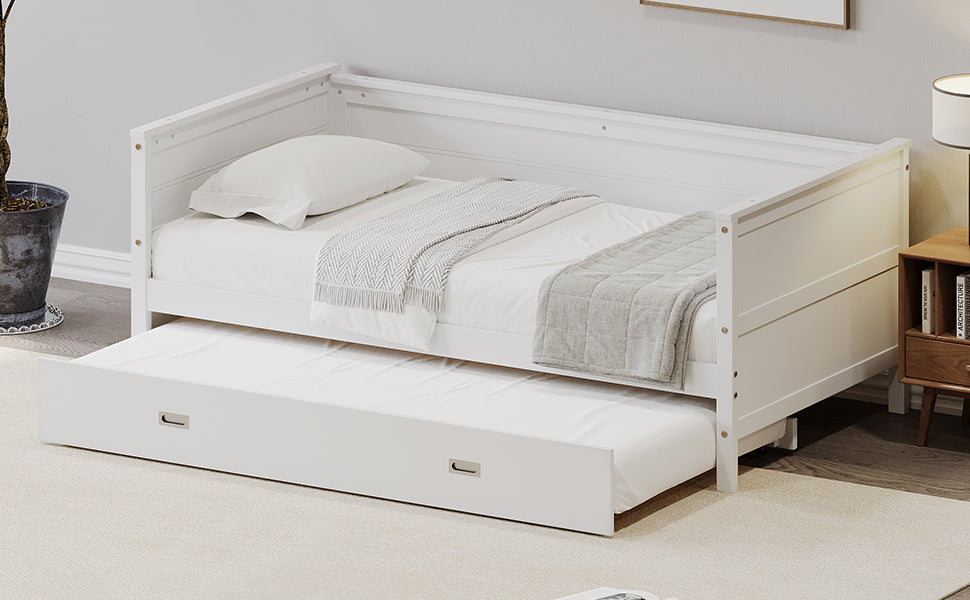 Twin Size Solid Wood Daybed With Trundle For Kids Teens Dorm Bedroom Multipurpose Guest Room Or Home, White Box Spring Not Required Twin White Wood Bedroom Pine Wood