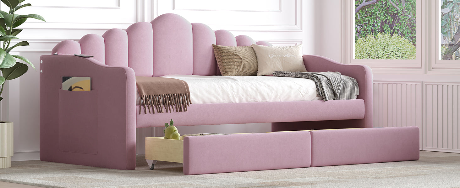 Twin Size Upholstered Daybed With 2 Drawers ,Velvet Sofabed With Usb Charging Ports,No Box Spring Needed,Pink Twin Pink Velvet