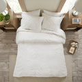 3 Piece Tufted Cotton Chenille Palm Duvet Cover Set Queen White Cotton