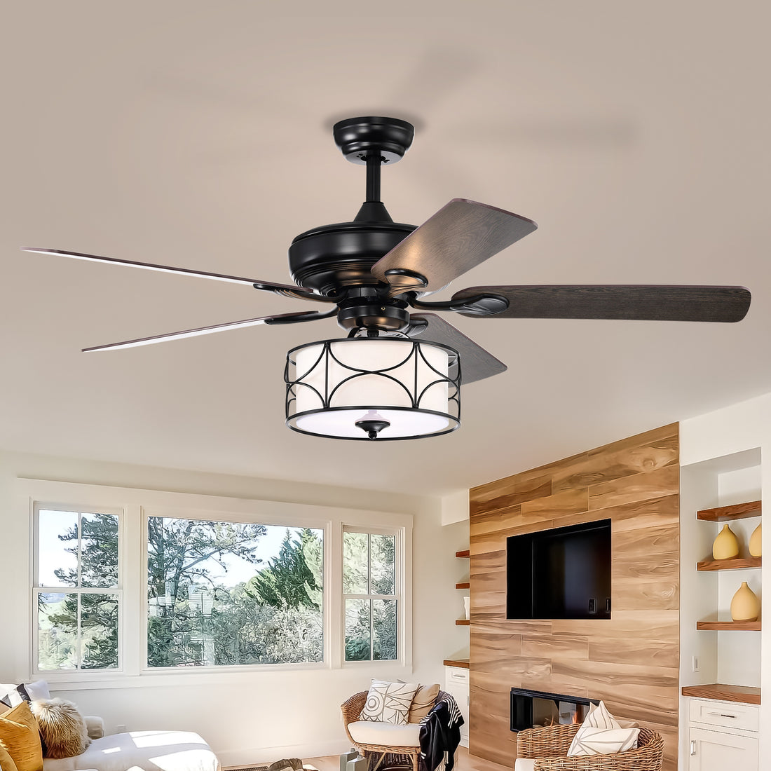 52 Inch Modern Ceiling Fan With Dual Finish Reversible Blades, Fandelier For Living Room, Dining Room, Bedroom, Family Room, Matte Black Matte Black American Traditional,Antique,Classic,Contemporary Crystal Metal