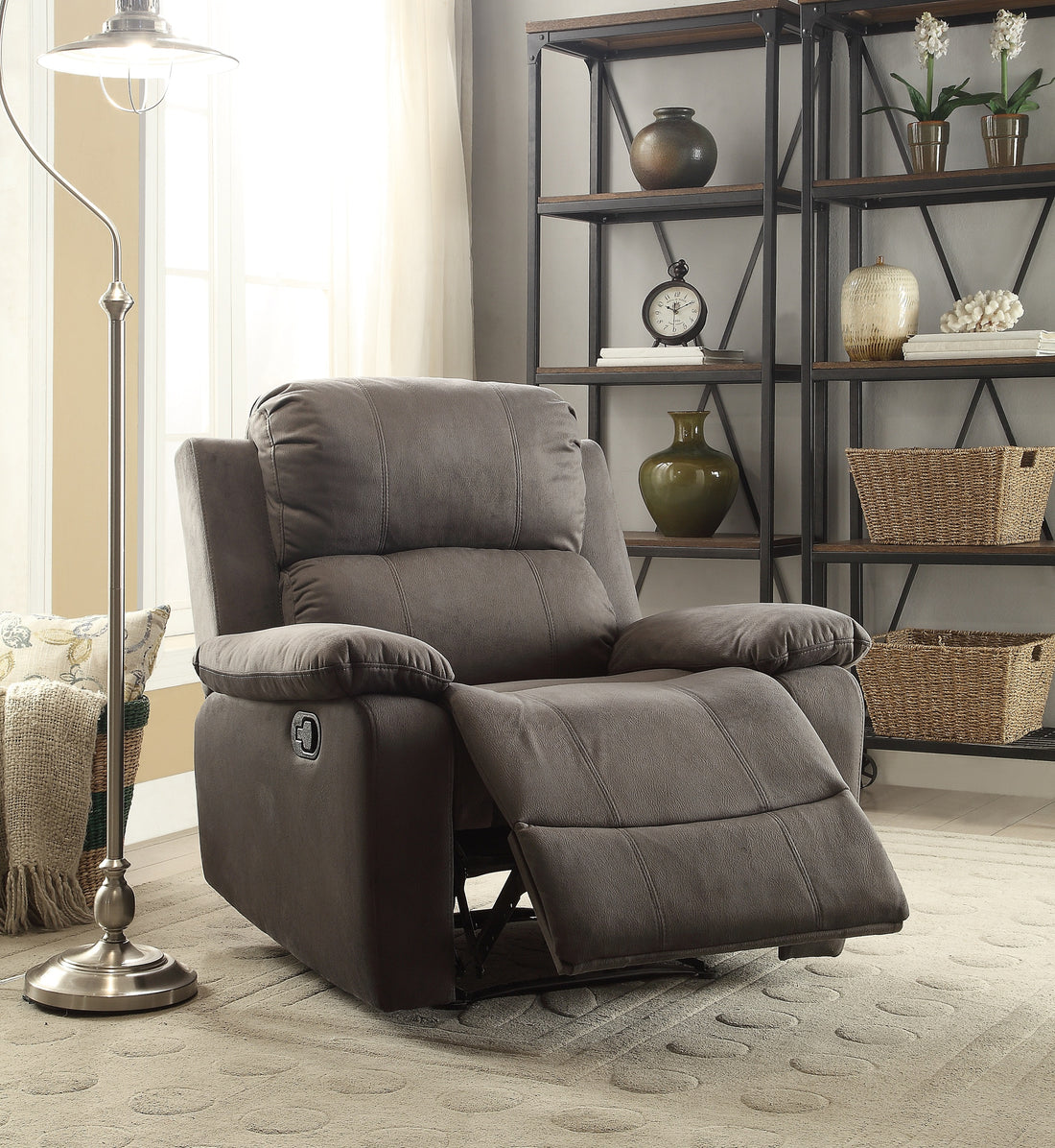 Charcoal Polished Recliner With Pillow Top Arm Charcoal Microfiber Manual Handle Metal Primary Living Space Tight Back Handle Pillow Top Arms Fabric Metal