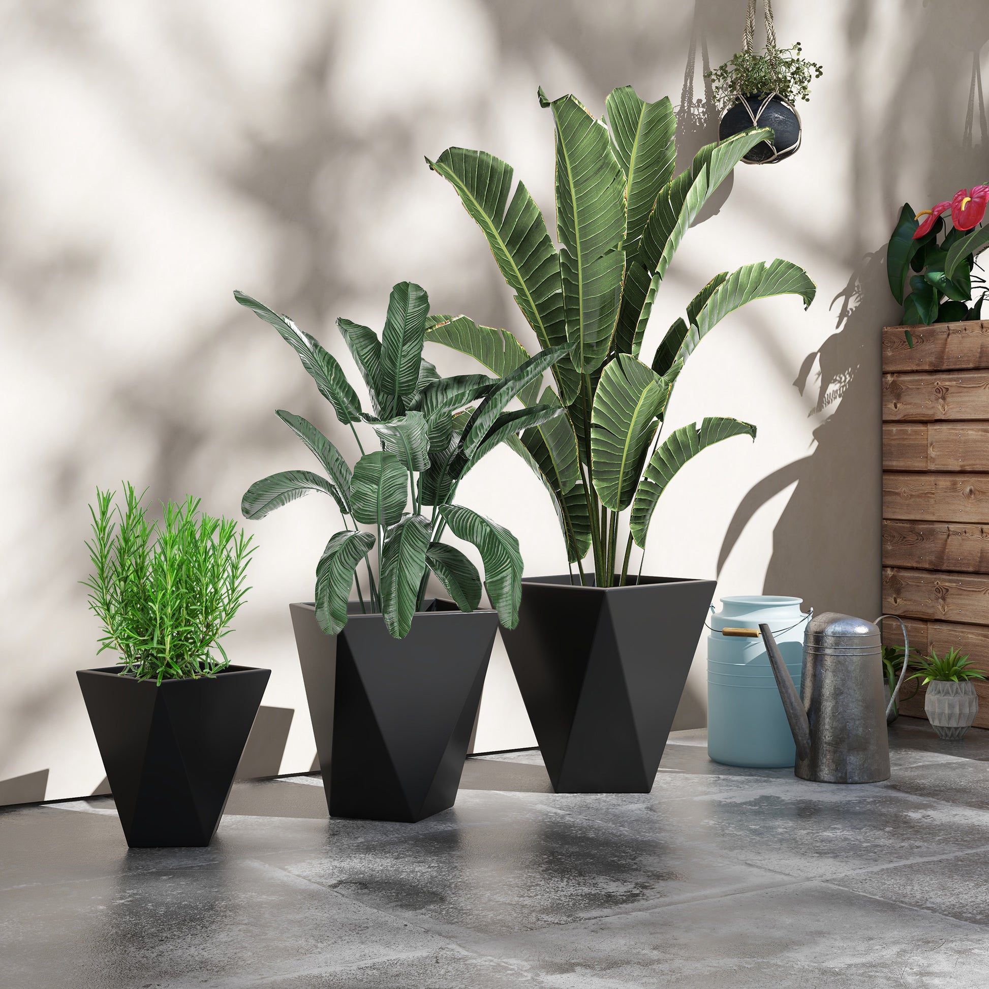 Outsunny Set Of 3 Tall Planters, 18", 15.25", 11.75", Mgo Indoor Outdoor Planters With Drainage Holes, Stackable Flower Pots For Garden, Patio, Balcony, Front Door, Black Black Magnesium Oxide