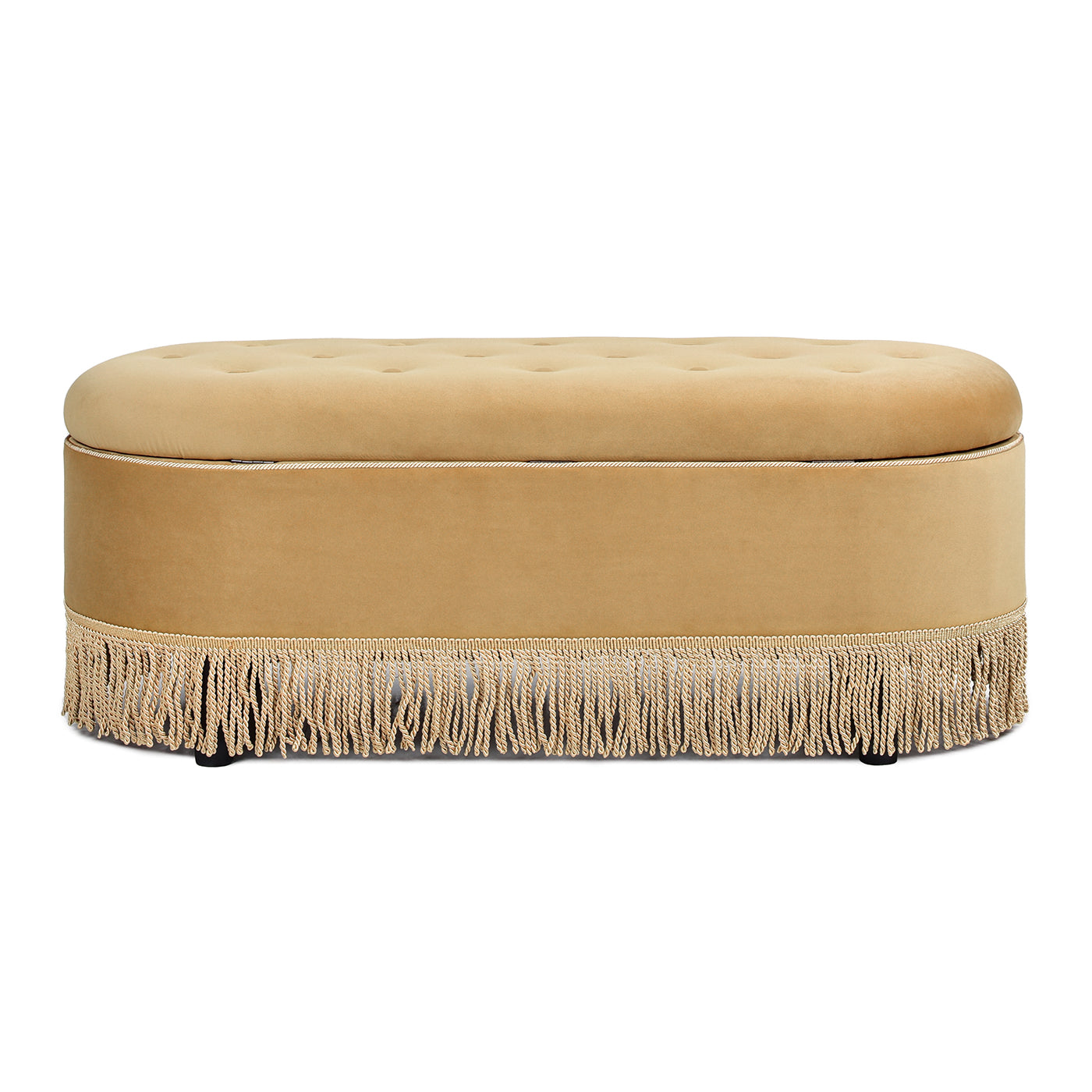 Melinda 48.5" Oval Tufted Bullion Fringe Storage Bench, Gold Velvet Yellow Foam Velvet
