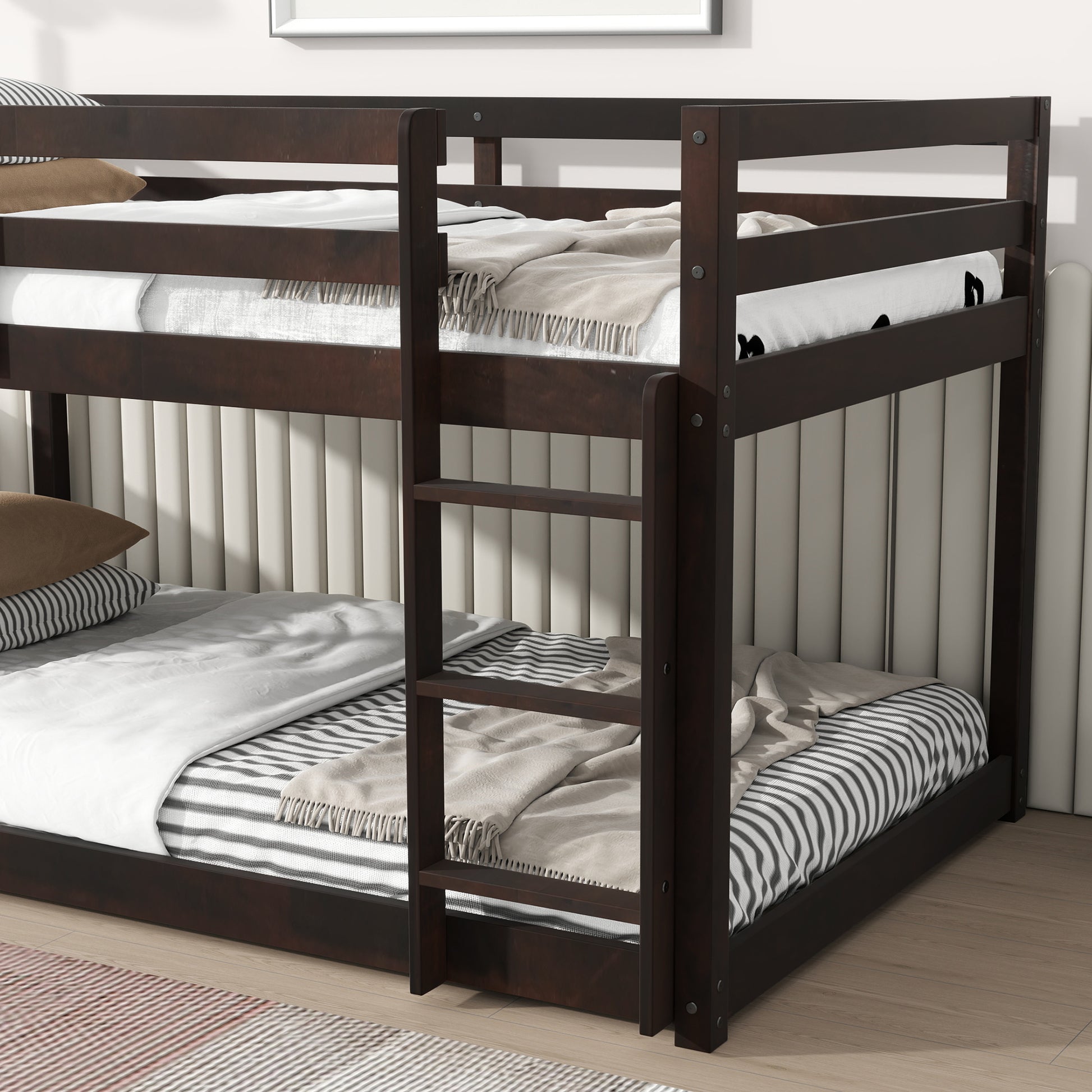 Solid Woodensolid Rubber Wooden Twin Over Twin Loft Bed With Ladder ,Upper And Bottom Bed Platforms Crafted With Strengthened Slats,Espresso Twin Espresso Rubber Wood