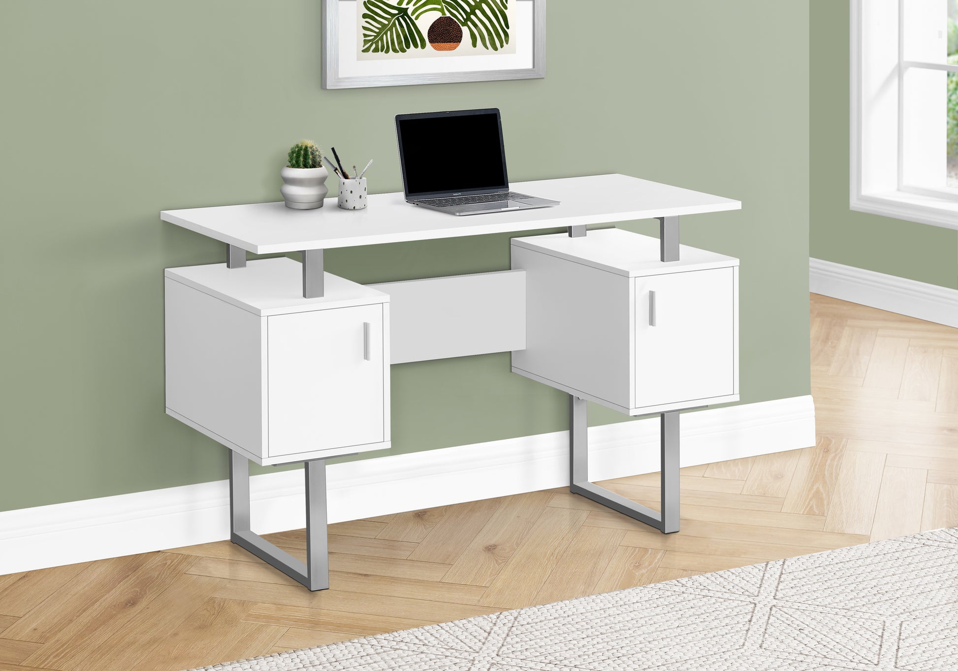 Computer Desk, Home Office, Laptop, Storage, 48"L, Work, White Laminate, Grey Metal, Contemporary, Modern White Particle Board