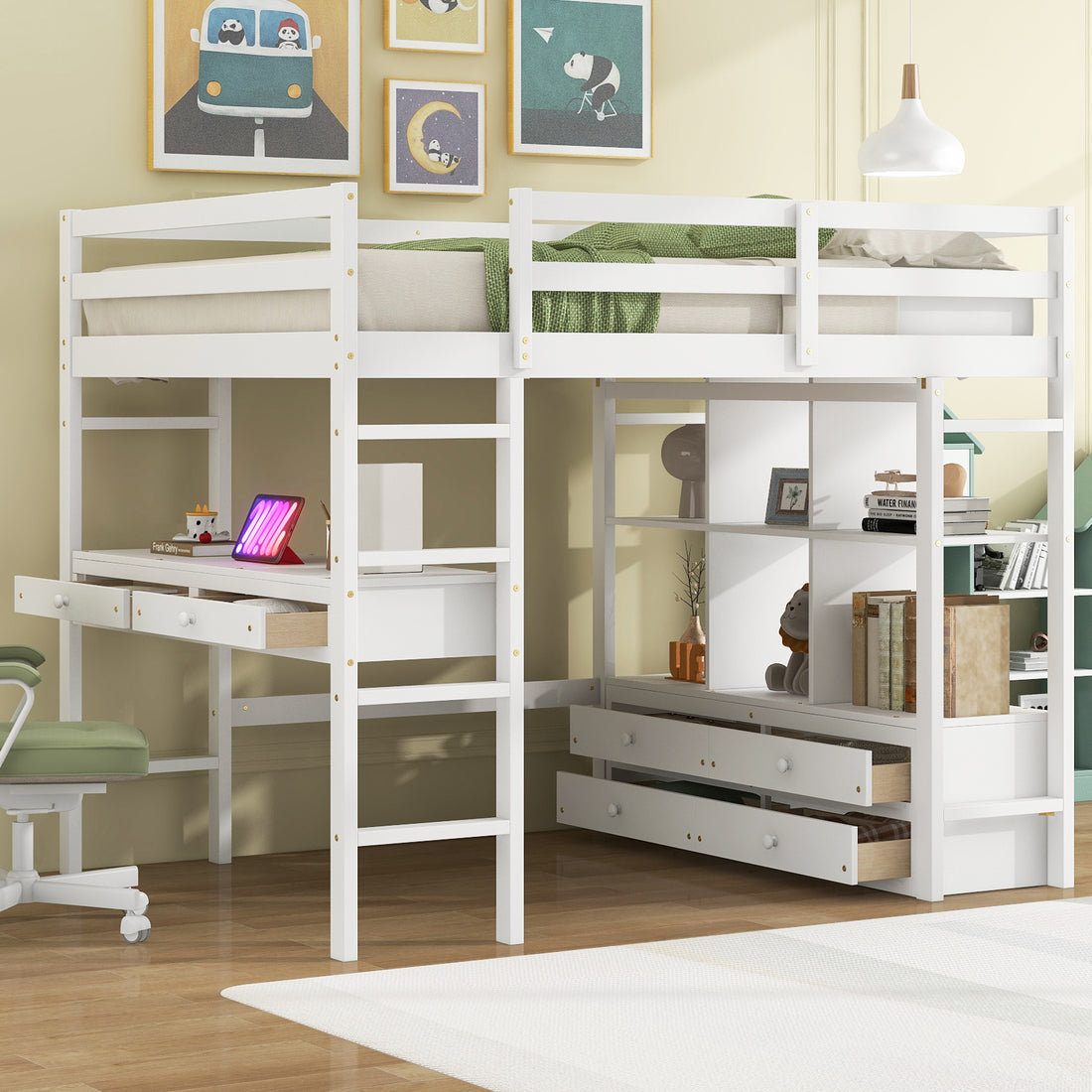 Full Size Loft Bed With Built In Desk With Two Drawers, And Storage Shelves And Drawers,White Old Sku:Gx000320Aak 1 Box Spring Not Required Full White Wood Bedroom Pine