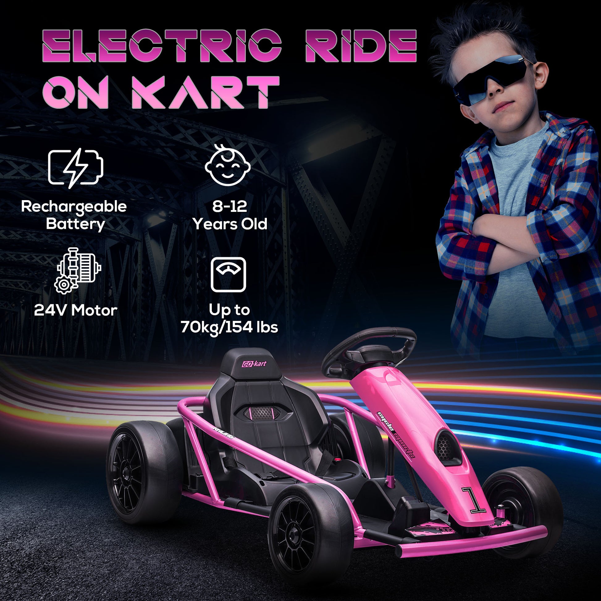 Aosom 24V 8.1 Mph Electric Go Kart, Drifting Car Battery Powered Ride On Toy Outdoor With Slow Start, Music, Horn Honking And Safety Belt, For 8 12 Years Old, Pink Pink Plastic