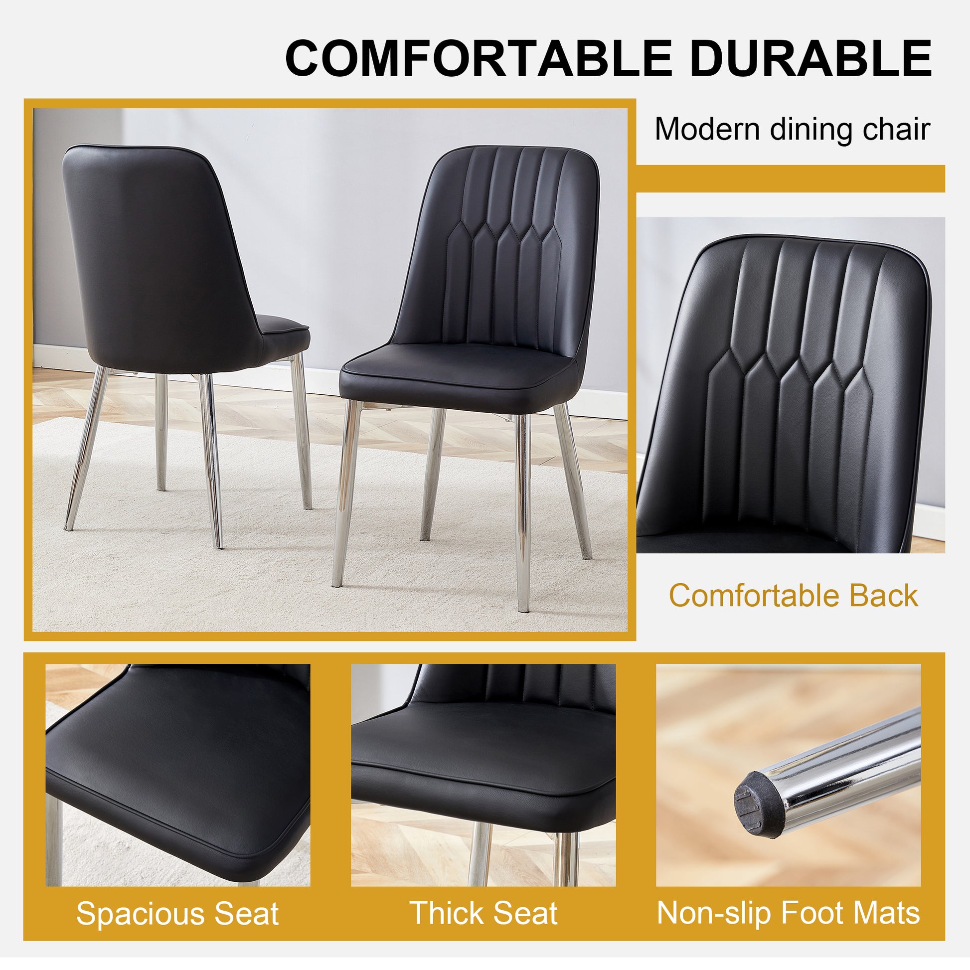 2 Modern Dining Chairs, Smooth Pu Leather Backrest And Silver Toned Metal Legs For A Comfortable Home Experience For Kitchens, Bedrooms And Offices. Black Pu