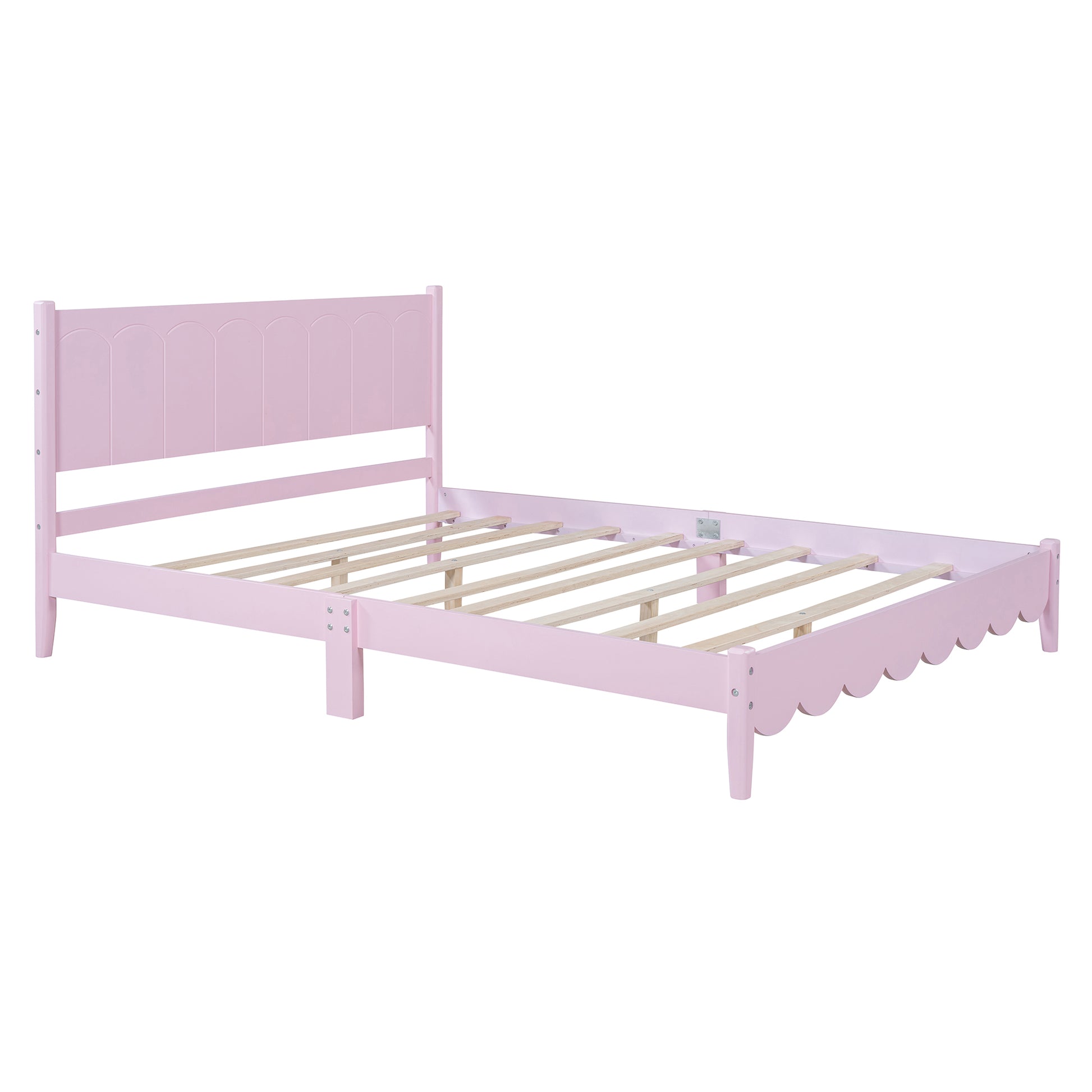 Queen Size Wood Platform Bed Frame, Retro Style Bed With Rectangular Headboard,No Need Box Spring,Pink Queen Pink Wood