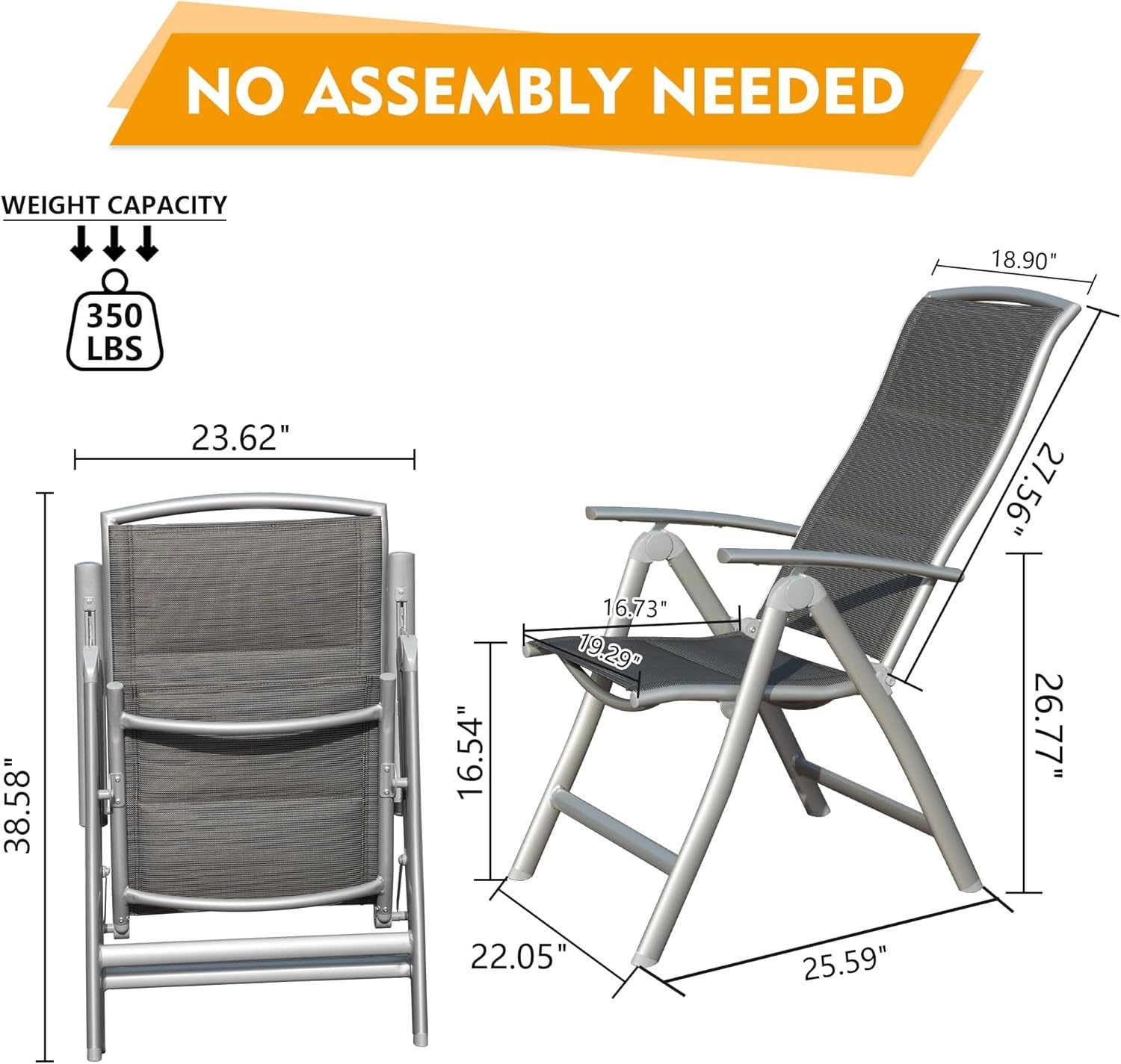 Patio Folding Chairs Set Of 2, Aluminium Frame Outdoor Reclining Patio Chairs For Garden Camping Poolside Beach Deck, Adjustable High Back Lawn Chairs With Soft Cotton Padded Seat, Dark Gray Dark Gray Aluminium