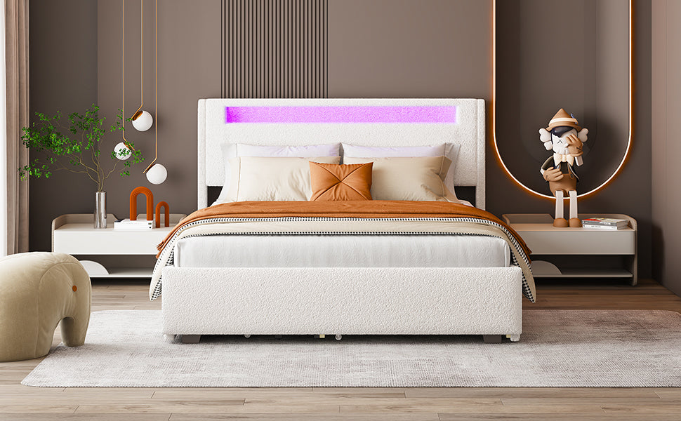Queen Size Upholstered Platform Bed With Led Frame, With Twin Xl Size Trundle And 2 Drawers, Teddy Fleece, White White Fleece
