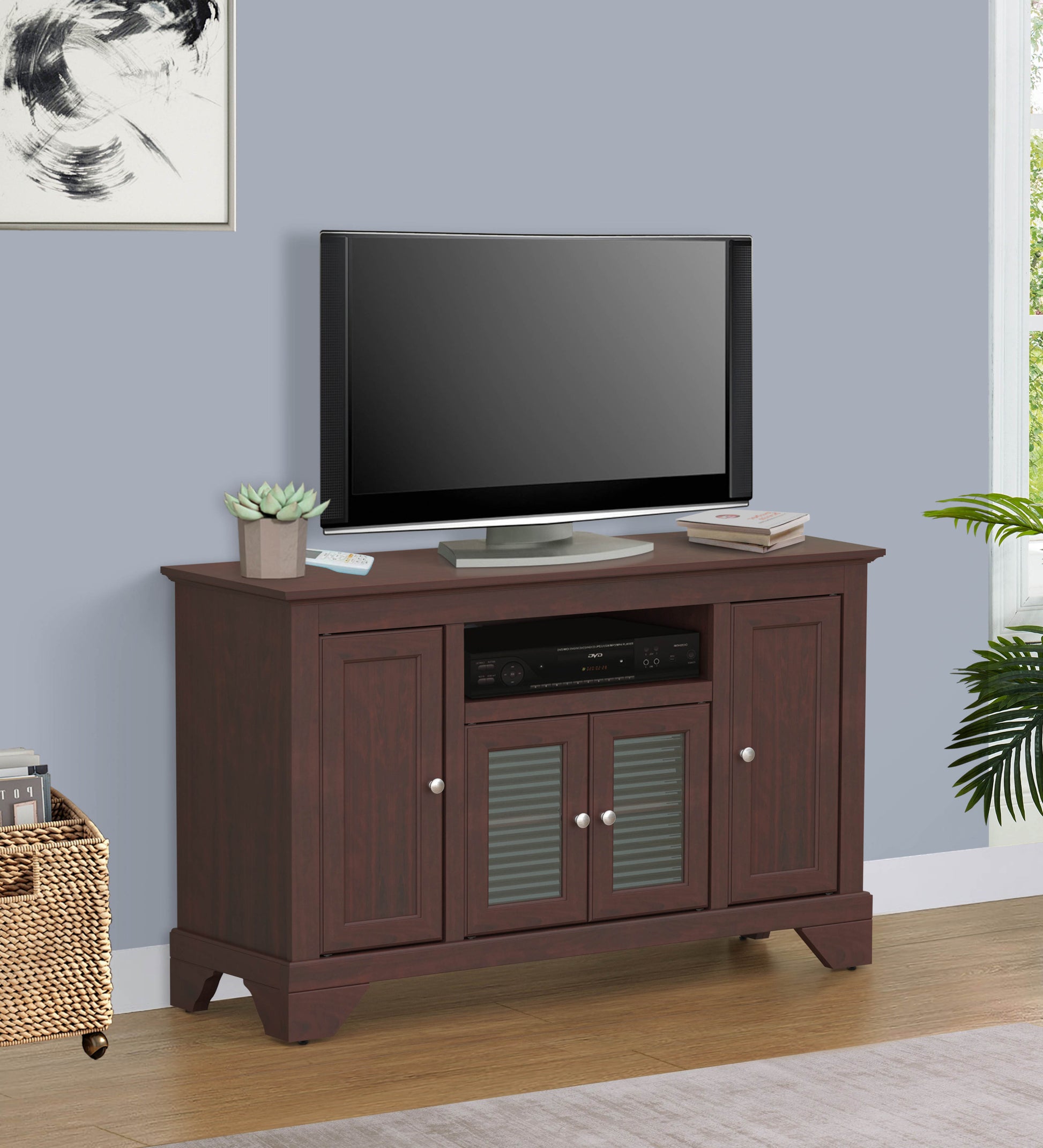 48" Tv Stand Elegant Cherry Media Console Modern Tv Stand With Storage, Entertainment Center For 65 85 Inch Tvs, Durable Scratch Resistant Surface, Contemporary Design With Bookshelves Brown Solid Wood