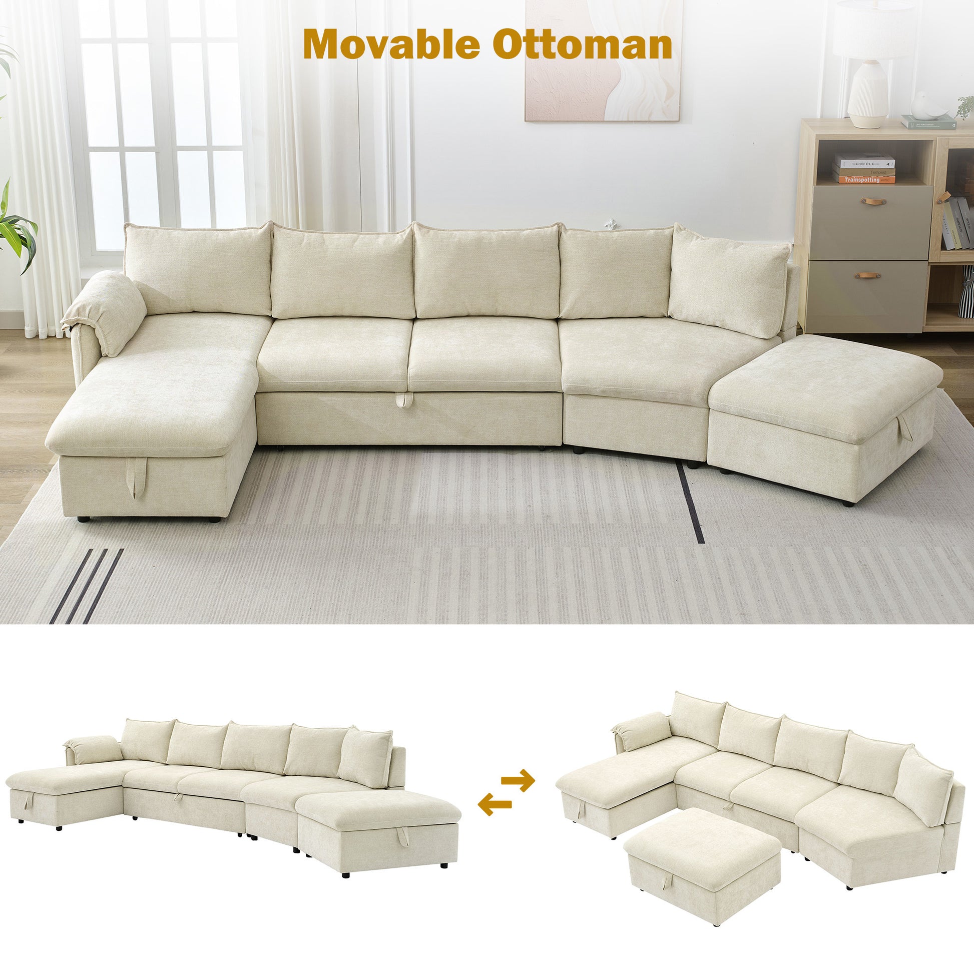 146.9" L Shaped Sofa Sectional Sofa Couch Pull Out Sofa Bed With A Movable Storage Ottoman, A Storage Chaise Lounge And Two Usb Ports For Living Room, Beige Beige Foam Linen 5 Seat