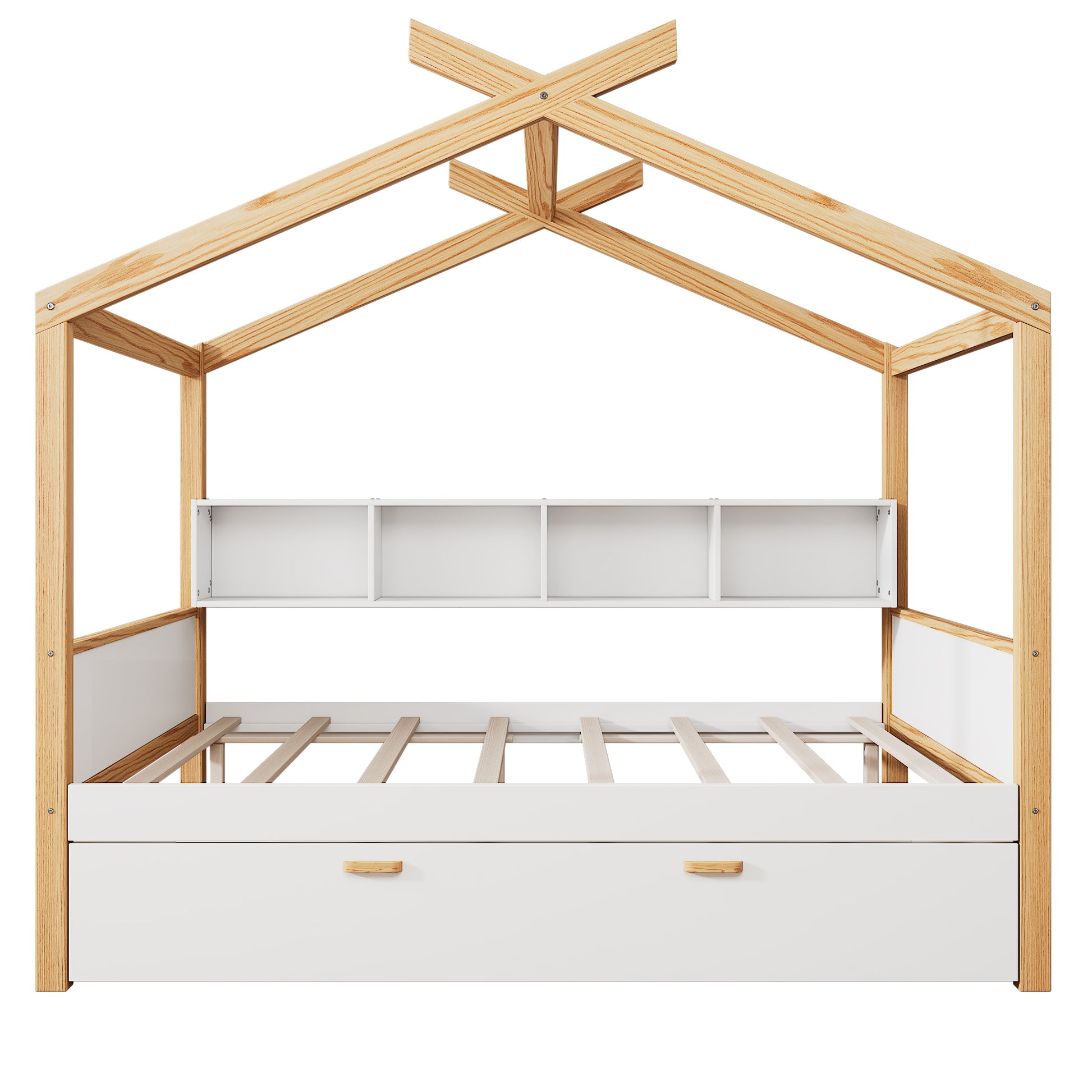 White Full Size Wooden House Bed Original Wood Colored Frame With Two Drawers And Bookshelf Storage Space For Children Or Guest Room Full White Wood