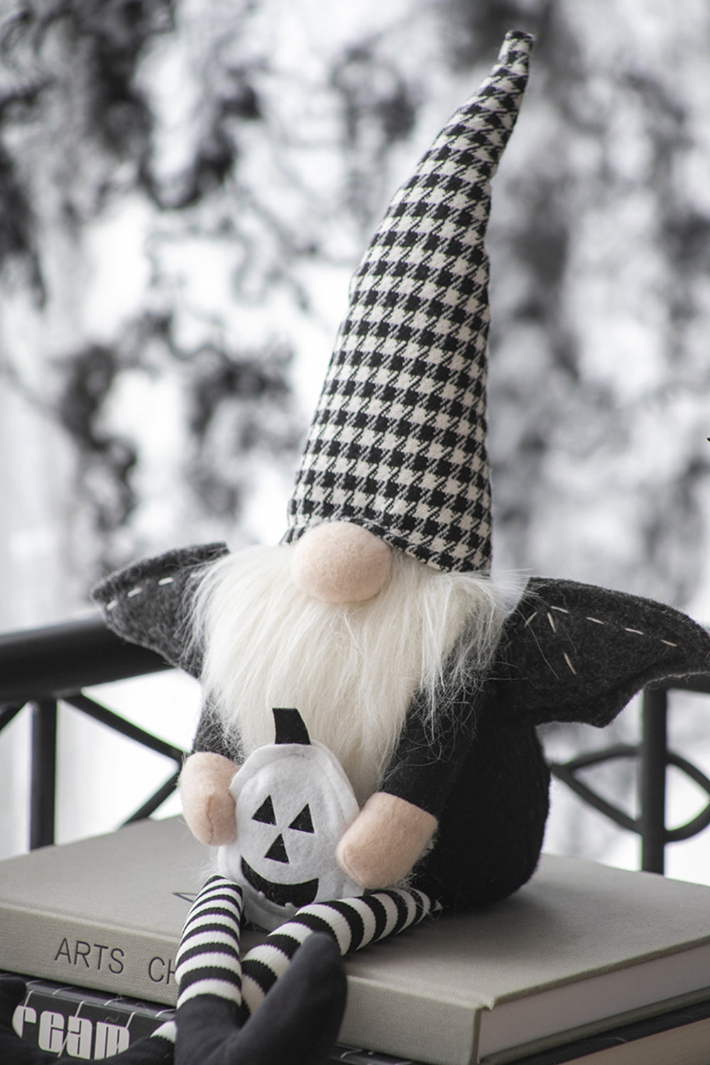 Set Of 2, 4.3X3.5X23.5" Fabric Sitting Black Gnome With Wings & Black White Plaid Hat, For Halloween Decor Black White Polyester