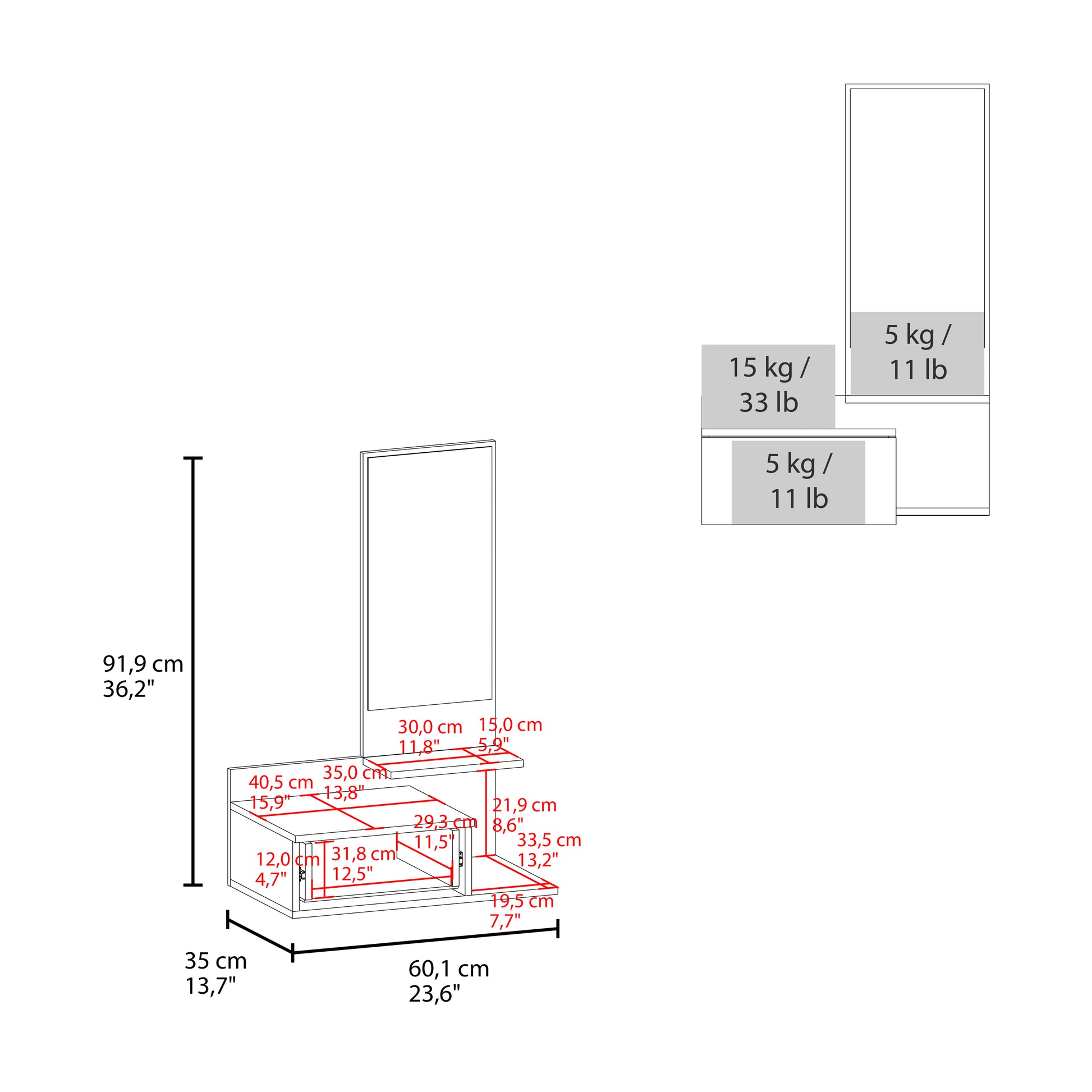 Floating Hallway Cabinet 36.2" H, 1 Drawer, 3 Shelves, 1 Mirror, White White Solid Wood Mdf Engineered Wood