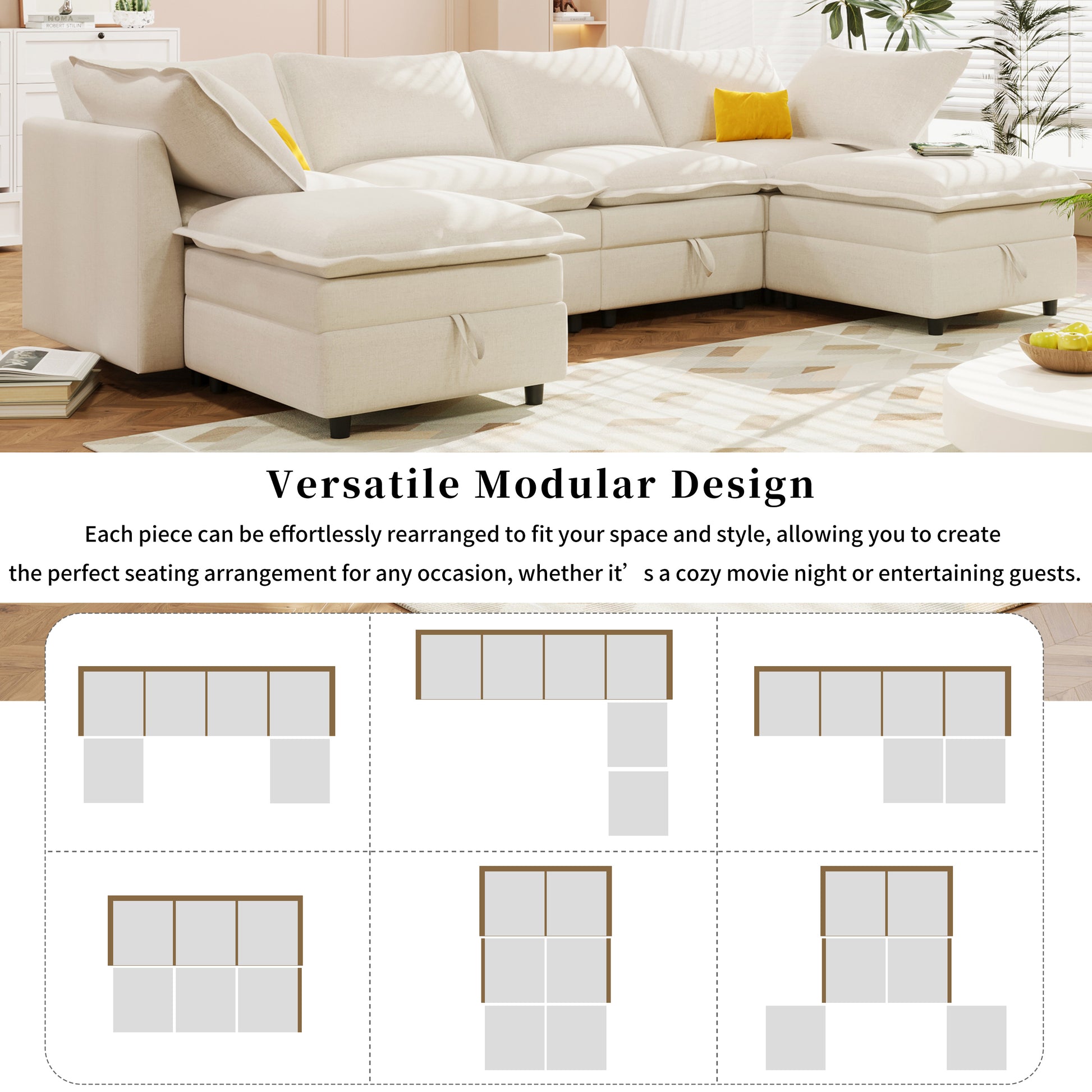 Mirod Versatile 6 Piece Modular Sofa Bed With Storage,Stylish Faux Double Layer Cushions,Comfortable & Durable Design,Perfect For Any Living Space Beige Polyester 6 Seat