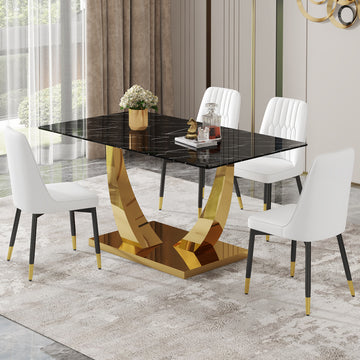 Table And Chair Set.Modern Rectangular Dining Table With Black Textured Stickers Glass Tabletop And Gold Plated Metal Legs.Paried With 4 Comfortable Chairs With Pu Seats And Black Metal Legs. Black Gold,White Seats 4 Glass Metal