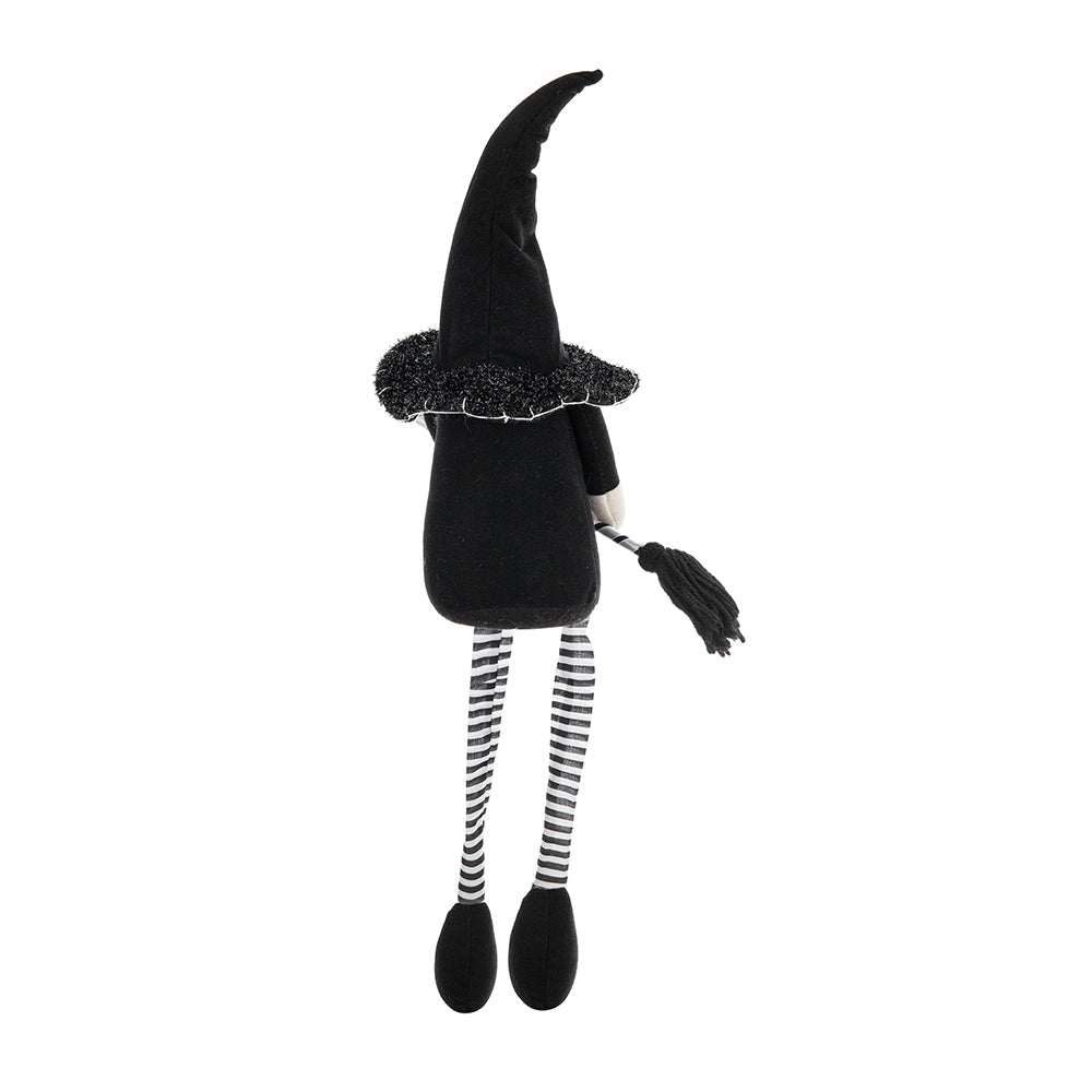 4.3X4X26.8" Fabric Sitting Black Gnome With Broomstick&Long Legs, For Halloween Decor Black White Polyester