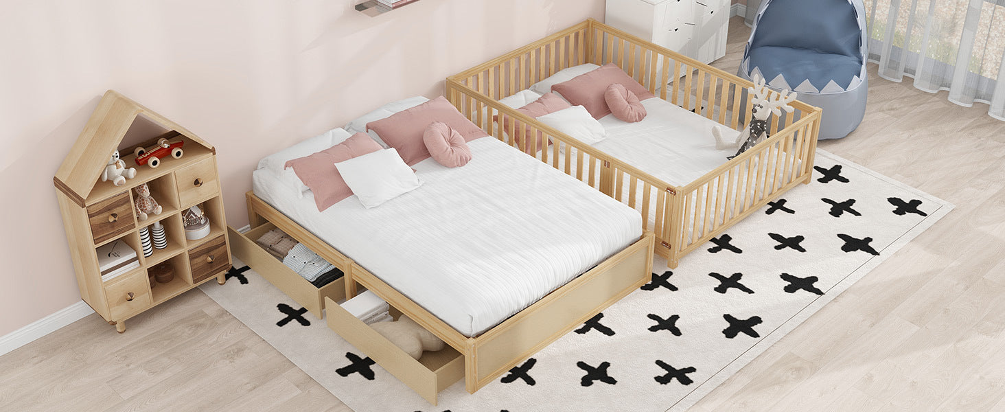 Full Size Wood Daybed With Fence Guardrails And 2 Drawers, Split Into Independent Floor Bed & Daybed, Natural Old Sku :Lp000882Aan Full Natural Solid Wood Mdf