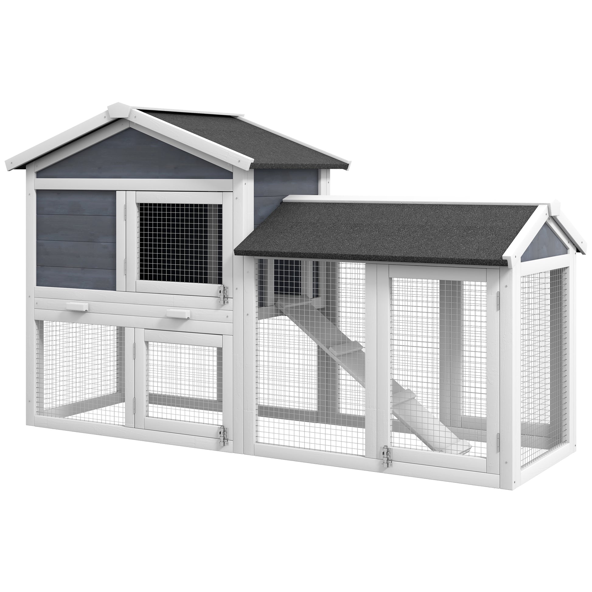 Pawhut 58" Rabbit Hutch, Wooden Bunny Hutch, Guinea Pig Cage, Small Animal Enclosure With Run Area, Removable Tray, Asphalt Roof, Lockable Doors And Ramp, Gray Gray Wood