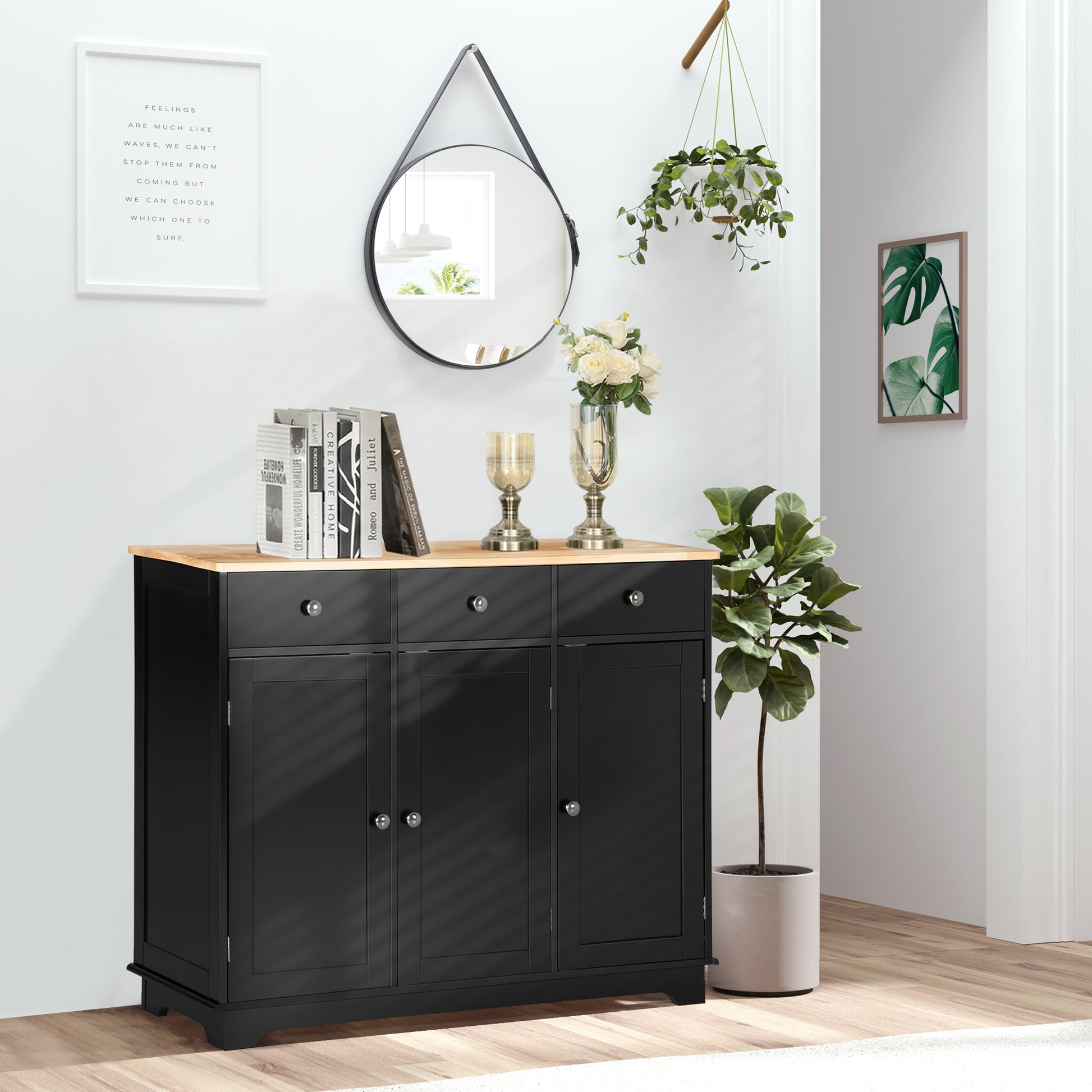 Homcom Sideboard With Solid Wood Countertop, Modern Kitchen Storage Cabinet, Coffee Bar Cabinet With 3 Drawers, Doors And Adjustable Shelf, Black Black Engineered Wood