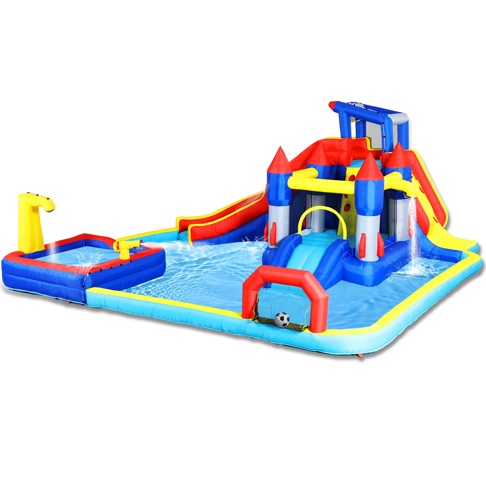10 In1 Inflatable Slide Water Park Bouncing House Garden With Splash Pool & Water& Basketball & Climbing Wall & Dual Pools & Soccer Multicolor Oxford Fabric