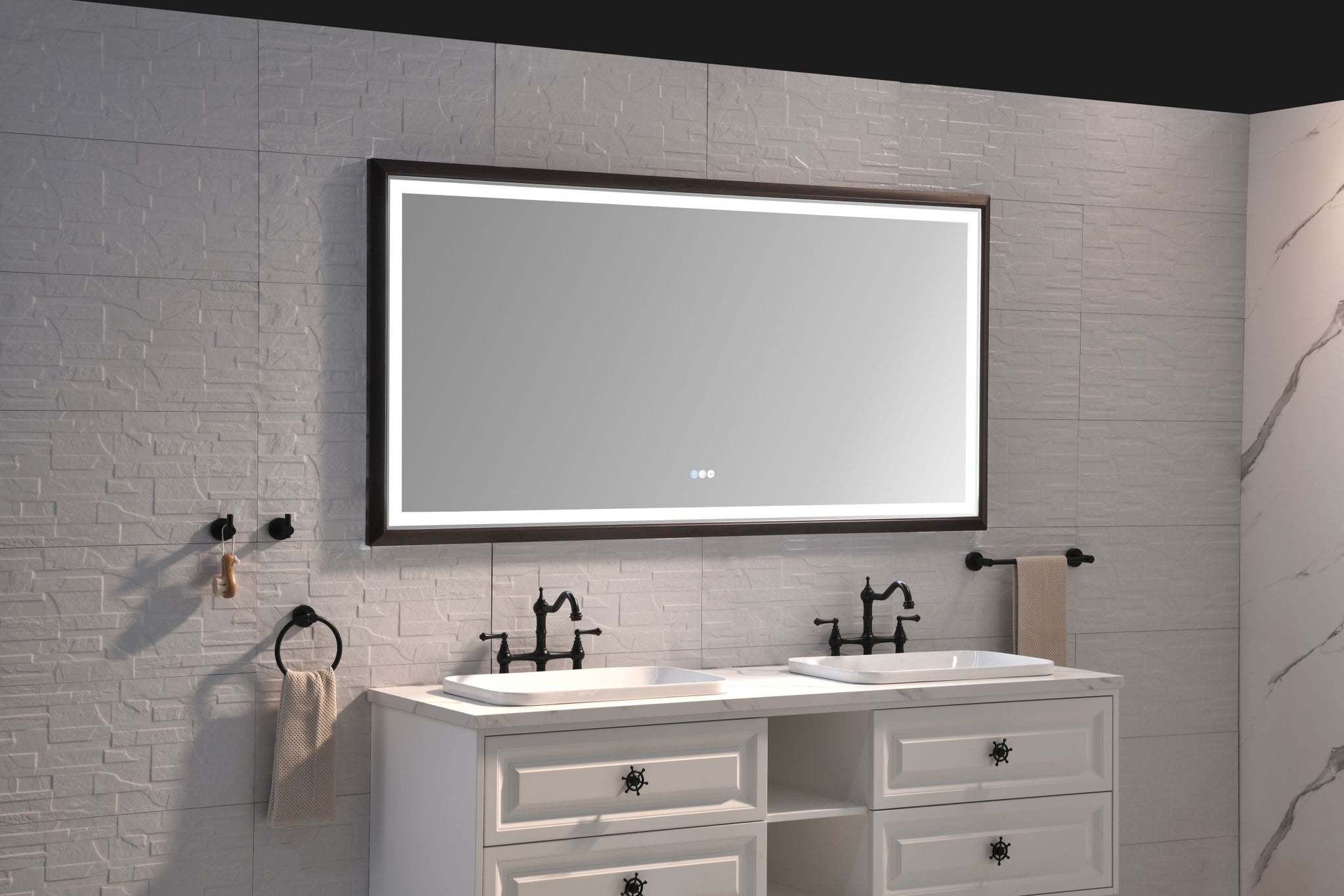 Bathroom Led Mirror Is Multi Functional And Each Function Is Controlled By A Smart Touch Button. Brown Aluminium