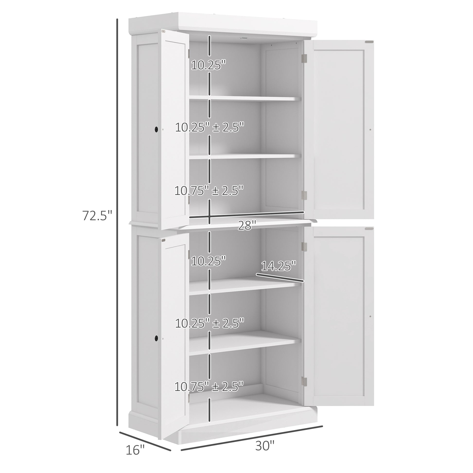 Homcom 72.5" Kitchen Pantry Storage Cabinet, Freestanding Kitchen Cupboard With 4 Doors And Adjustable Shelves For Dining Room, Mdf White White Mdf