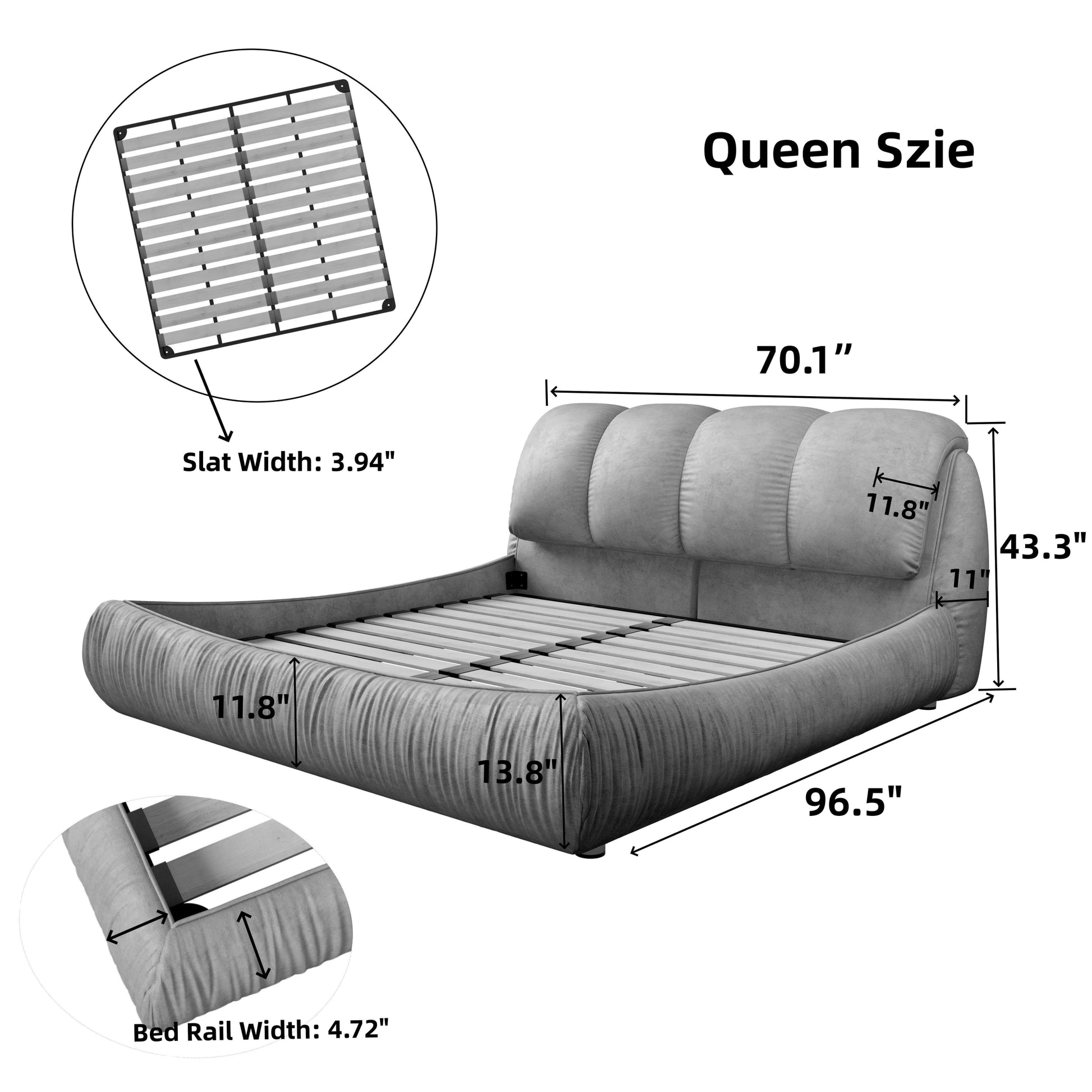 Queen Size Upholstered Platform Bed With Oversized Padded Backrest, Thickening Pinewooden Slats And Solid Wood Leg,Black Box Spring Not Required Queen Black Wood Pine Solid Wood