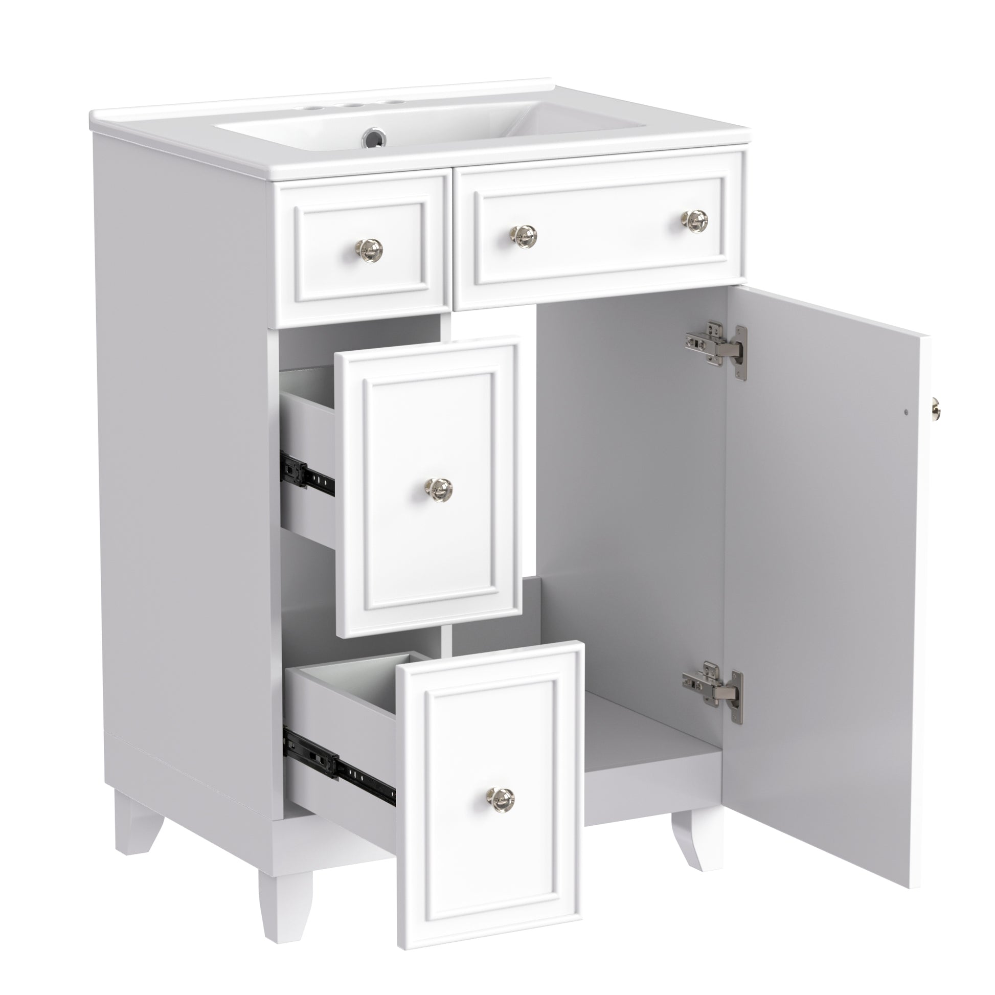 24 Inch Bathroom Vanity Cabinet With Ceramic Sink, 2 Drawers, 1 Door White Bathroom Solid Wood Mdf