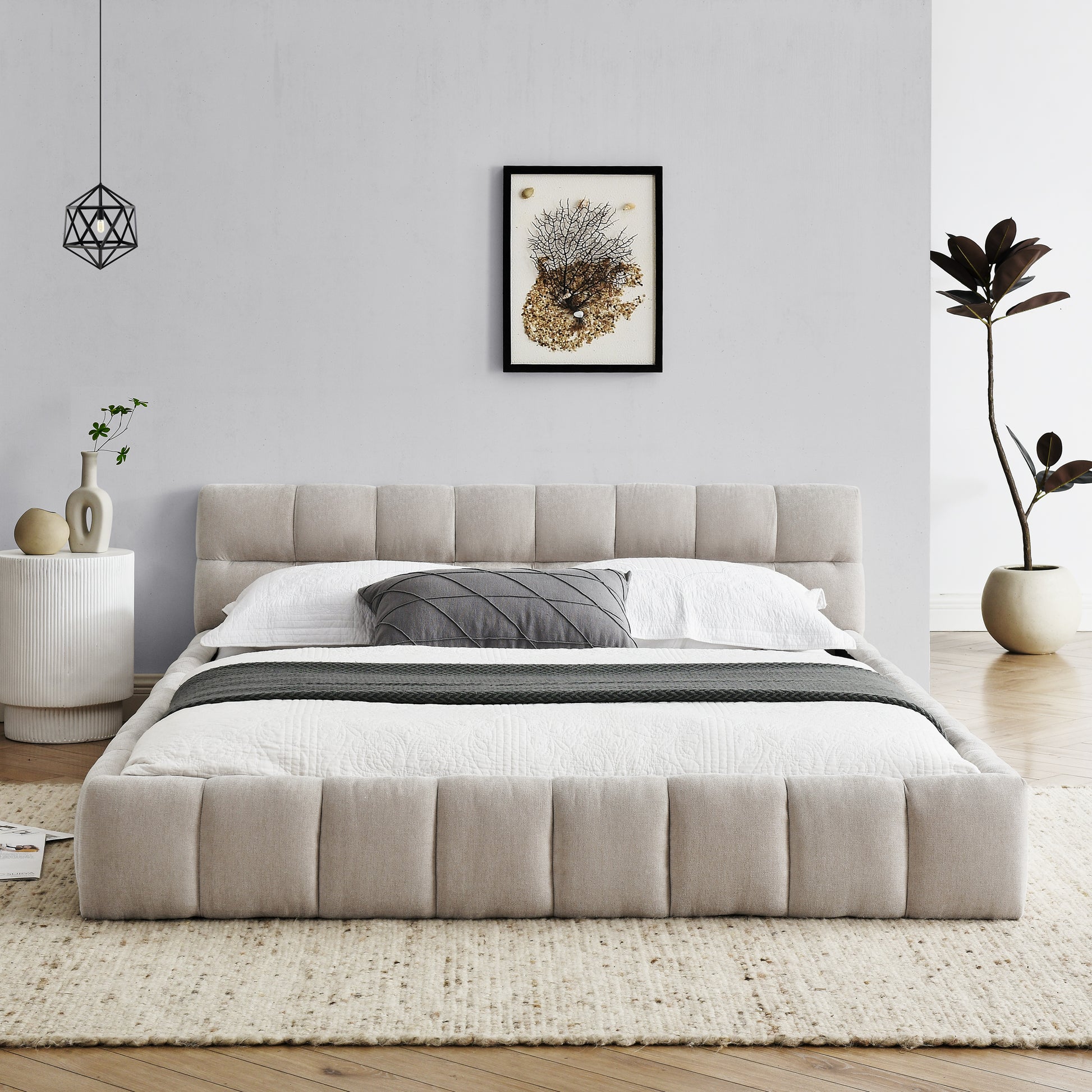 Queen Size Upholstered Bed Frame With Thick Fabric, Chenille Fabric Grounded Queen Size Platform Bed With Headboard And Solid Frame. No Box Spring Needed, Beige 68''*86.5''*23.5'' Box Spring Not