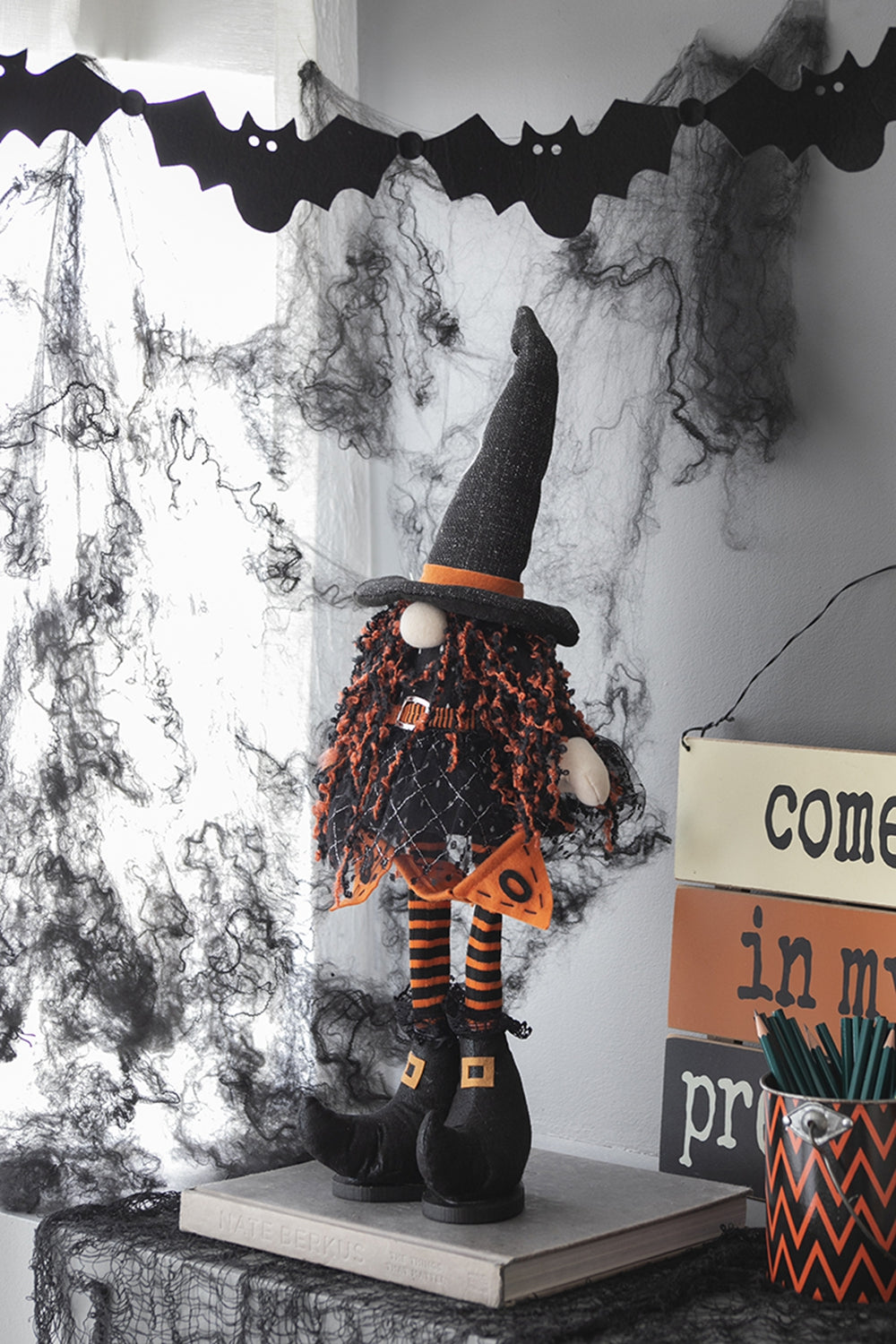 8.3X5X24" Fabric Standing Gnome W Orange Banner & Spring Body, For Halloween Decor Black,Orange,White Polyester