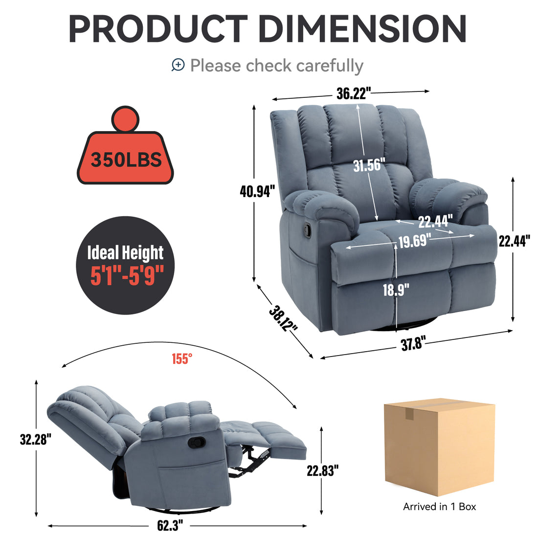 Manual Recliner Chair With Rocker And Swivel In Fabric For Living Room, Blue Blue Polyester Manual Handle Metal Primary Living Space Medium Firm Cushion Back Heavy Duty American Design Pine Pillow Top Arms Fiber Foam And Polyester Fiber Pad Fabric