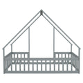 Full Wood House Shaped Floor Bed With Fence, Guardrails,Grey Full Grey American Design Pine