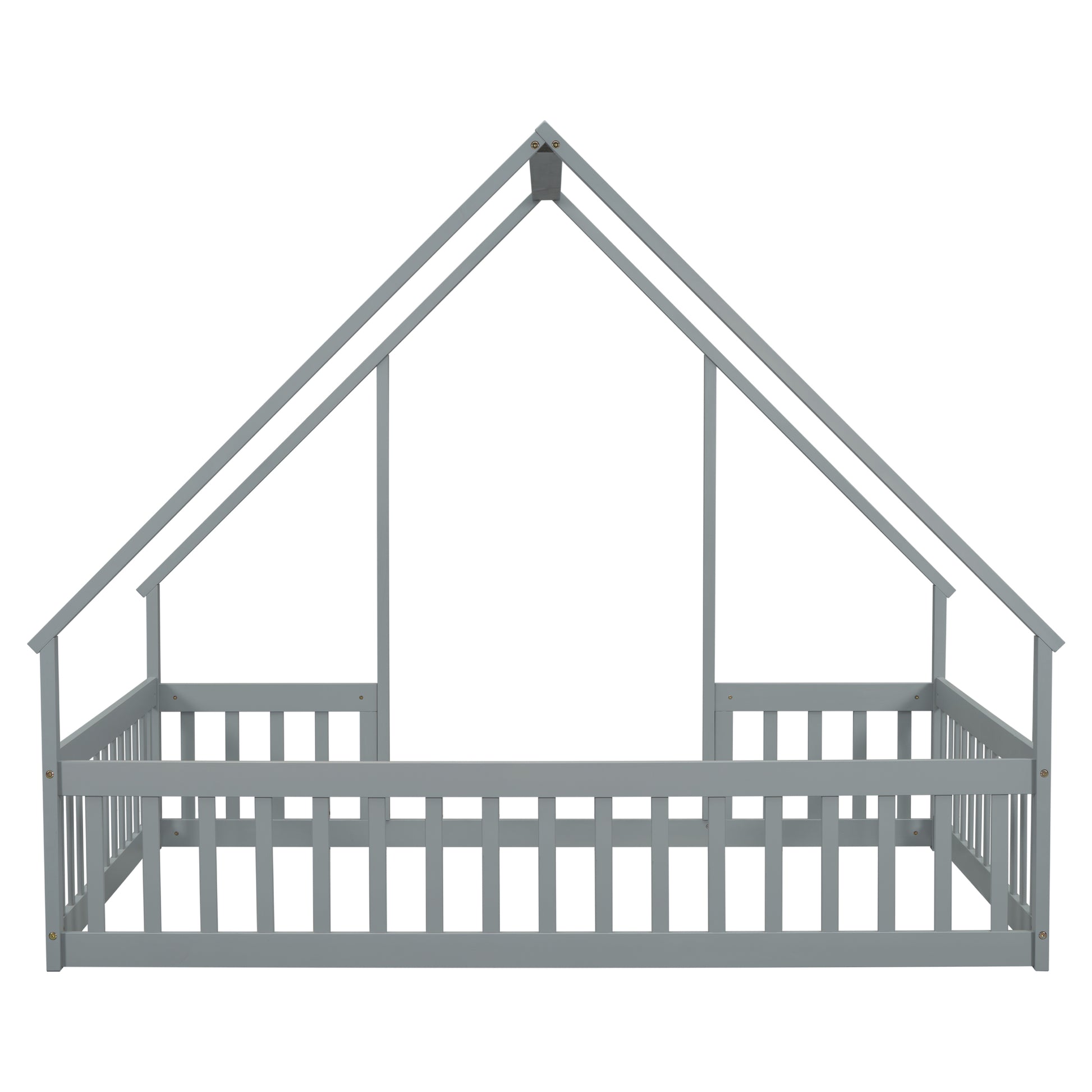 Full Wood House Shaped Floor Bed With Fence, Guardrails,Grey Full Grey American Design Pine