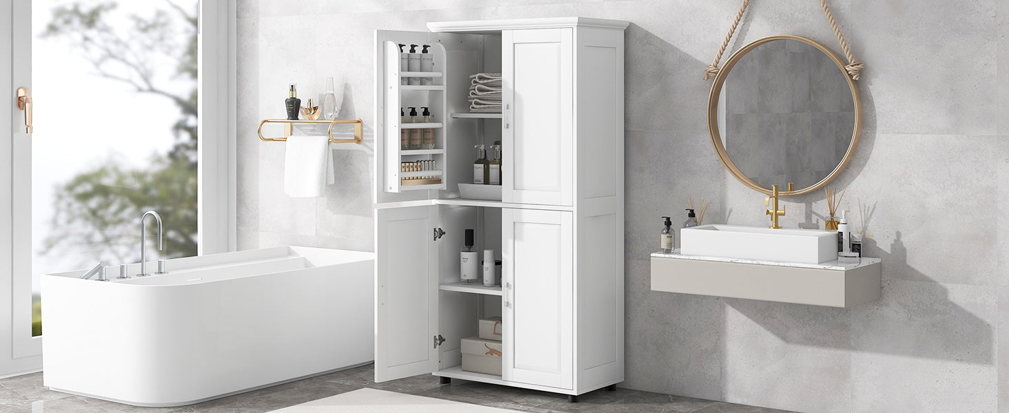 Tall And Wide Bathroom Floor Storage Cabinet, Bathroom Storage Unit, Freestanding Cabinet With 4 Doors, Adjustable Shelves, White White Mdf